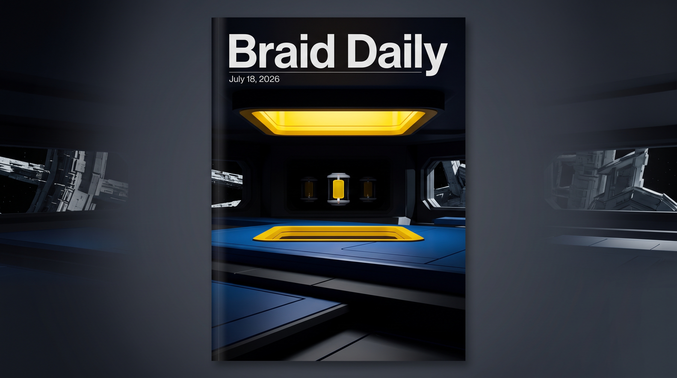 A signal-yellow access aperture hovers over sealed model cores in a dark futuristic operations chamber.