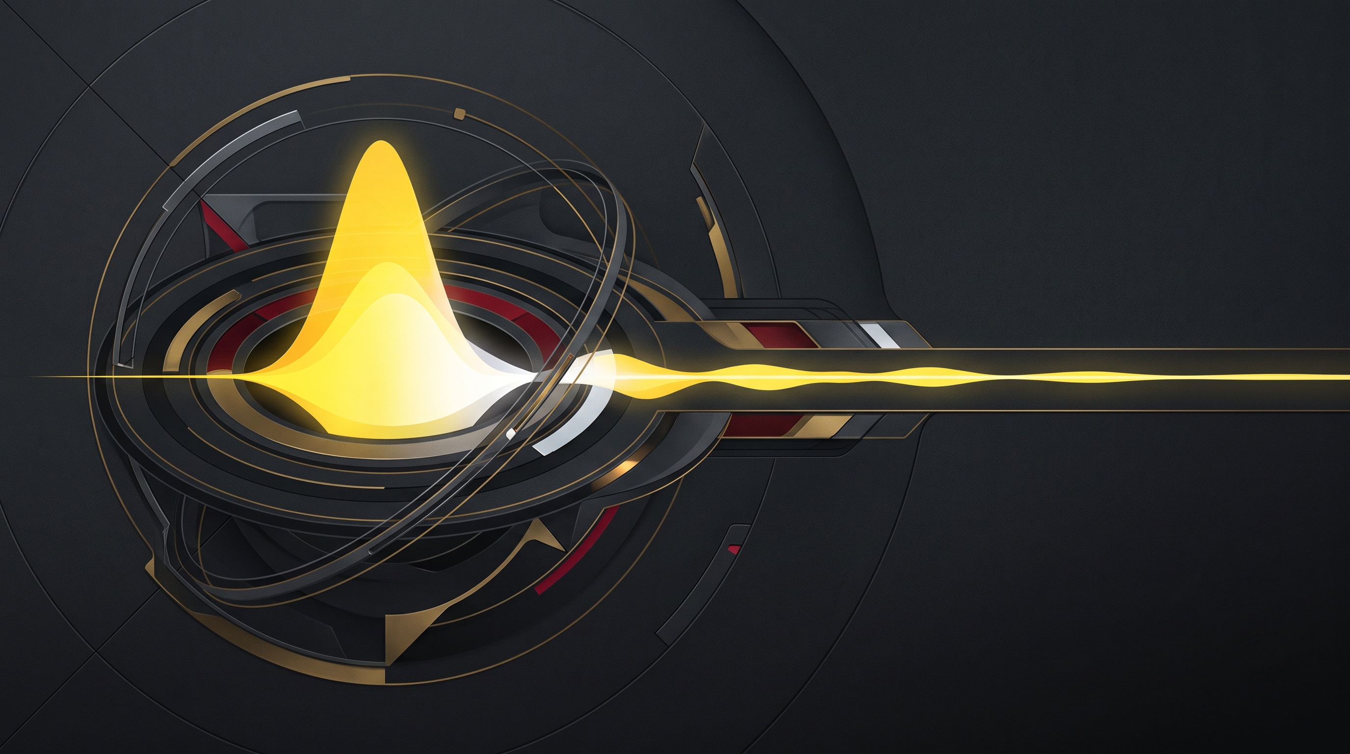 An abstract signal-yellow pulse settling across a dark technical surface after a model release.
