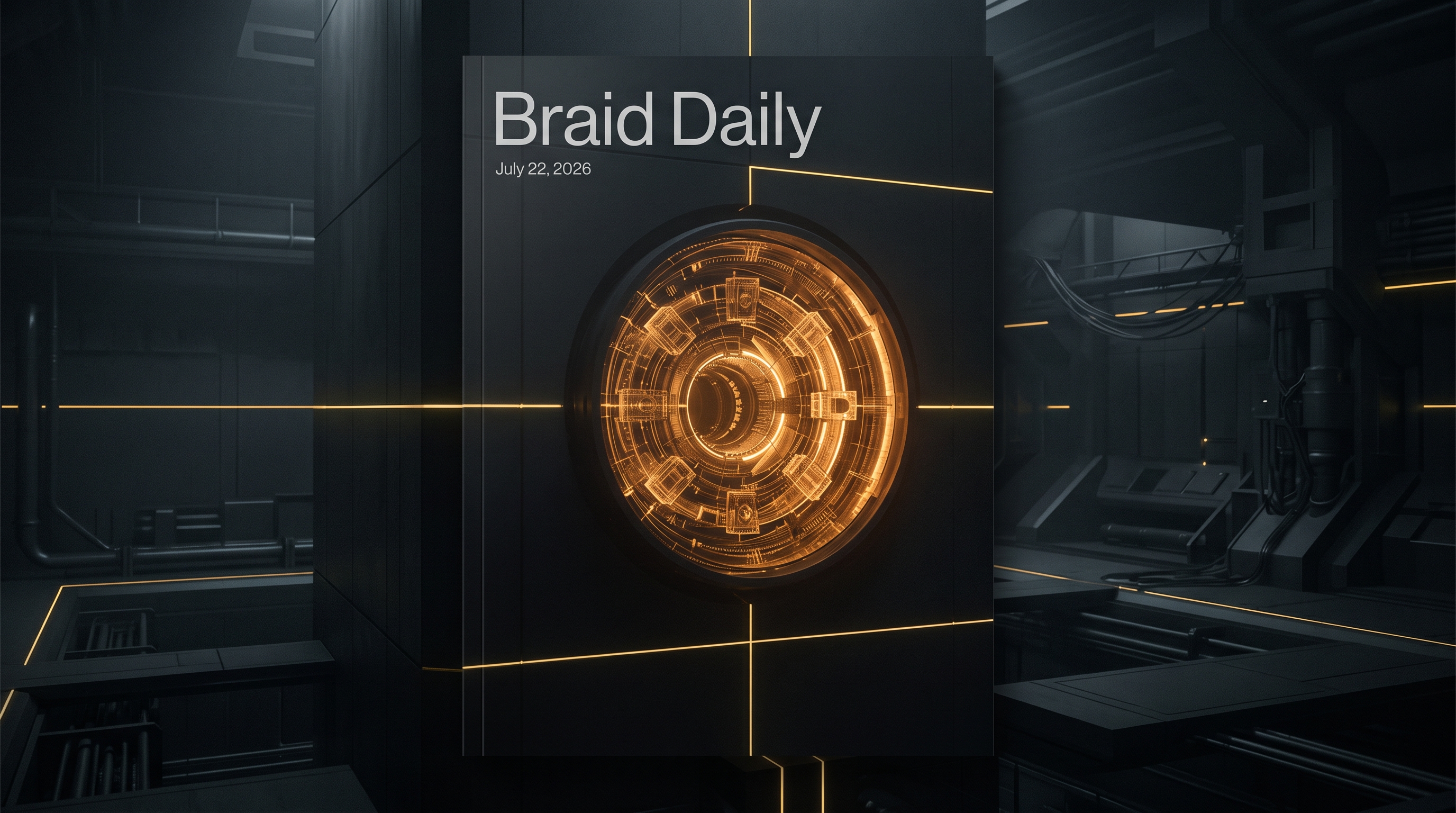 A dark technical chamber opens around a single amber-lit data aperture.