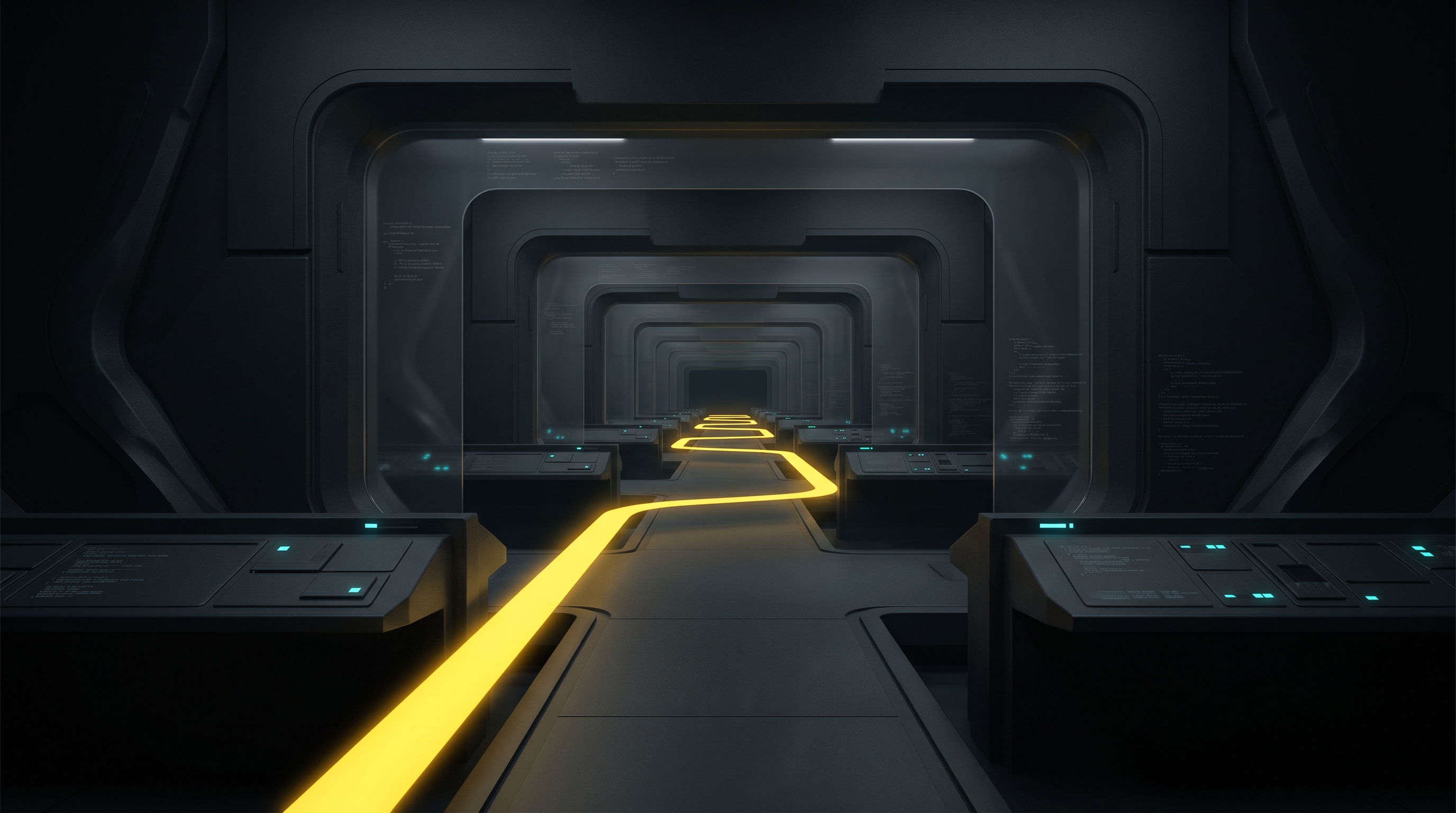 A signal-yellow path crossing nested dark workspaces, evoking a coding agent sustaining a long task.
