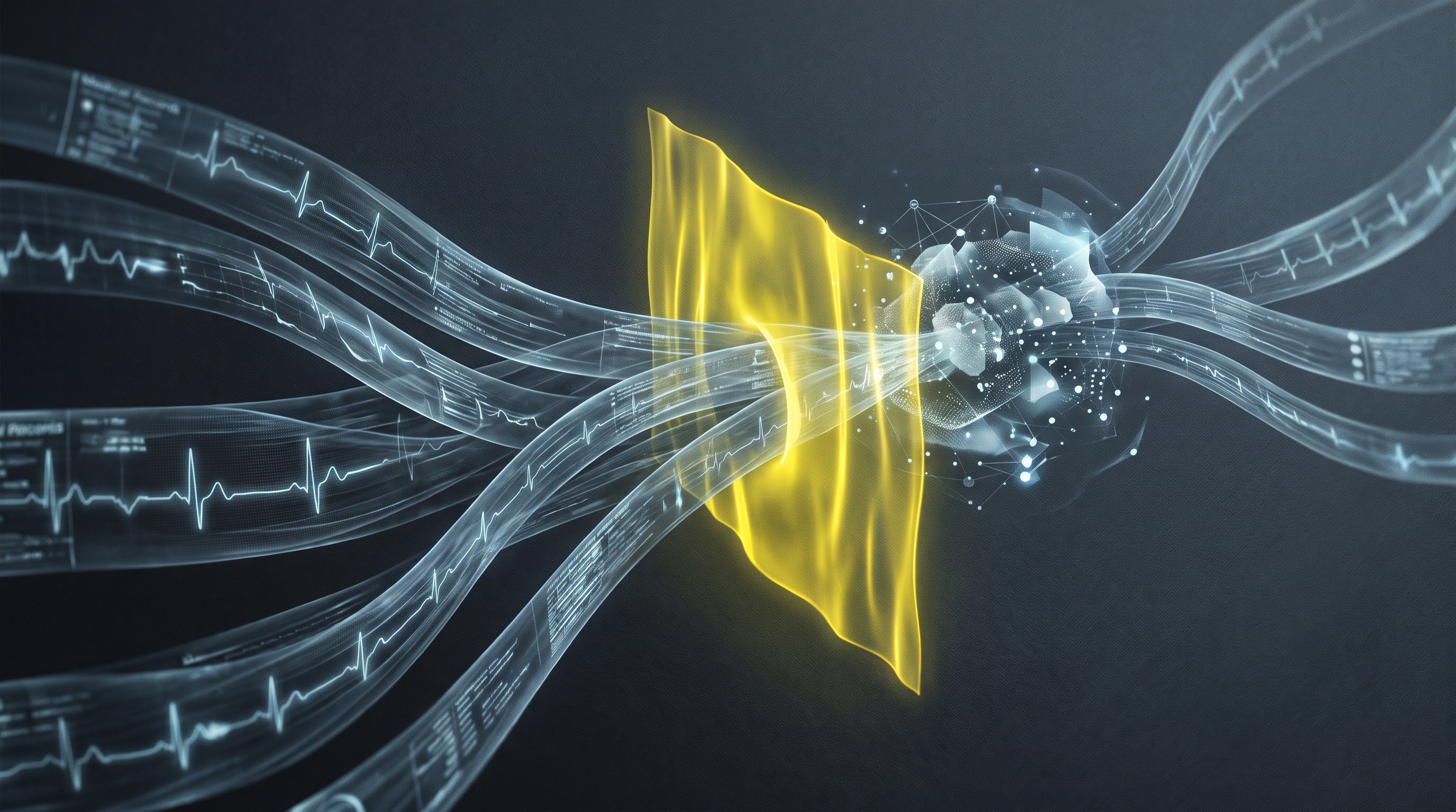 Abstract health records and biometric signals crossing a luminous permission boundary toward an AI interface.