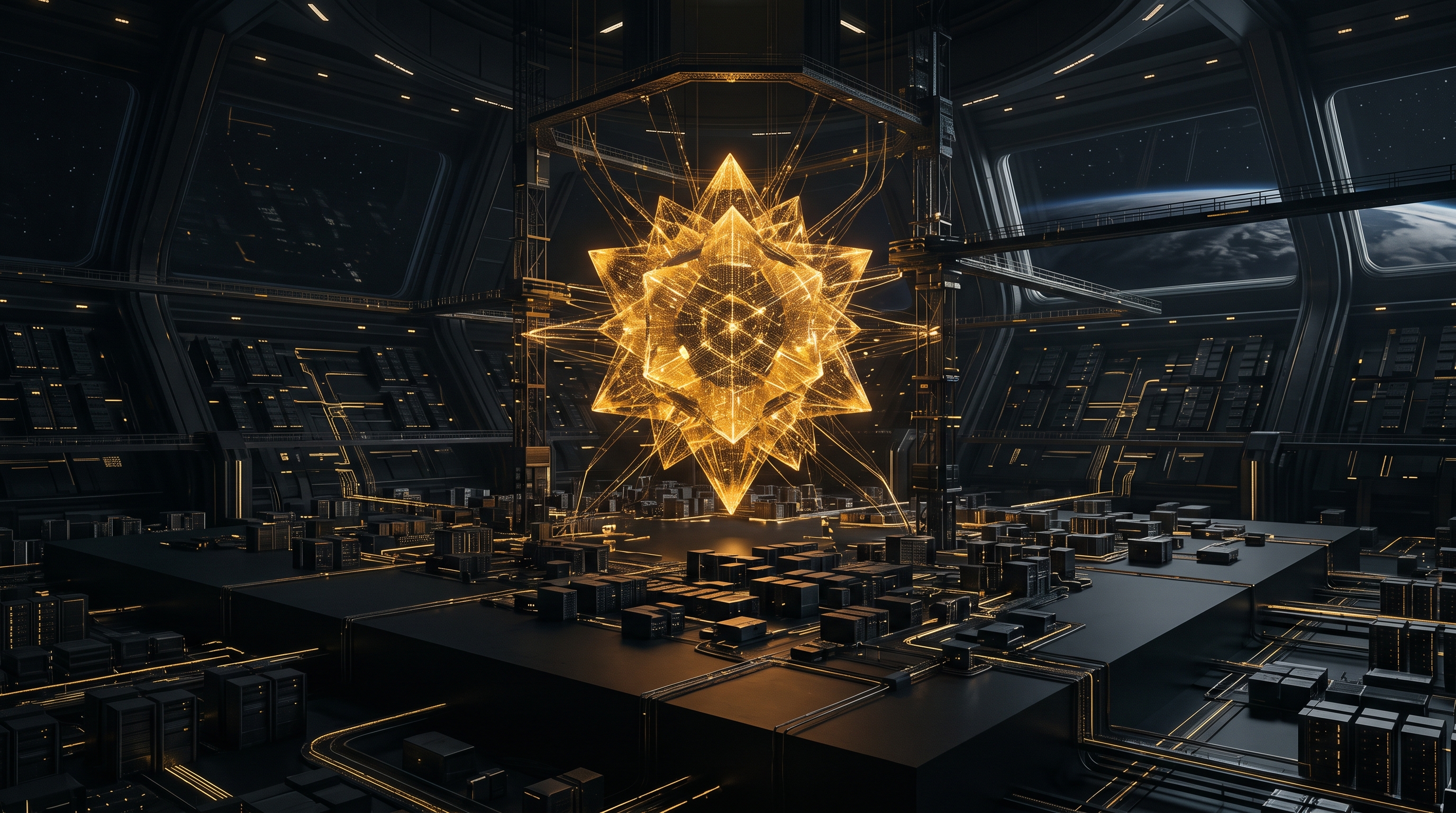 A luminous amber intelligence core suspended in a dark orbital archive above modular compute blocks.