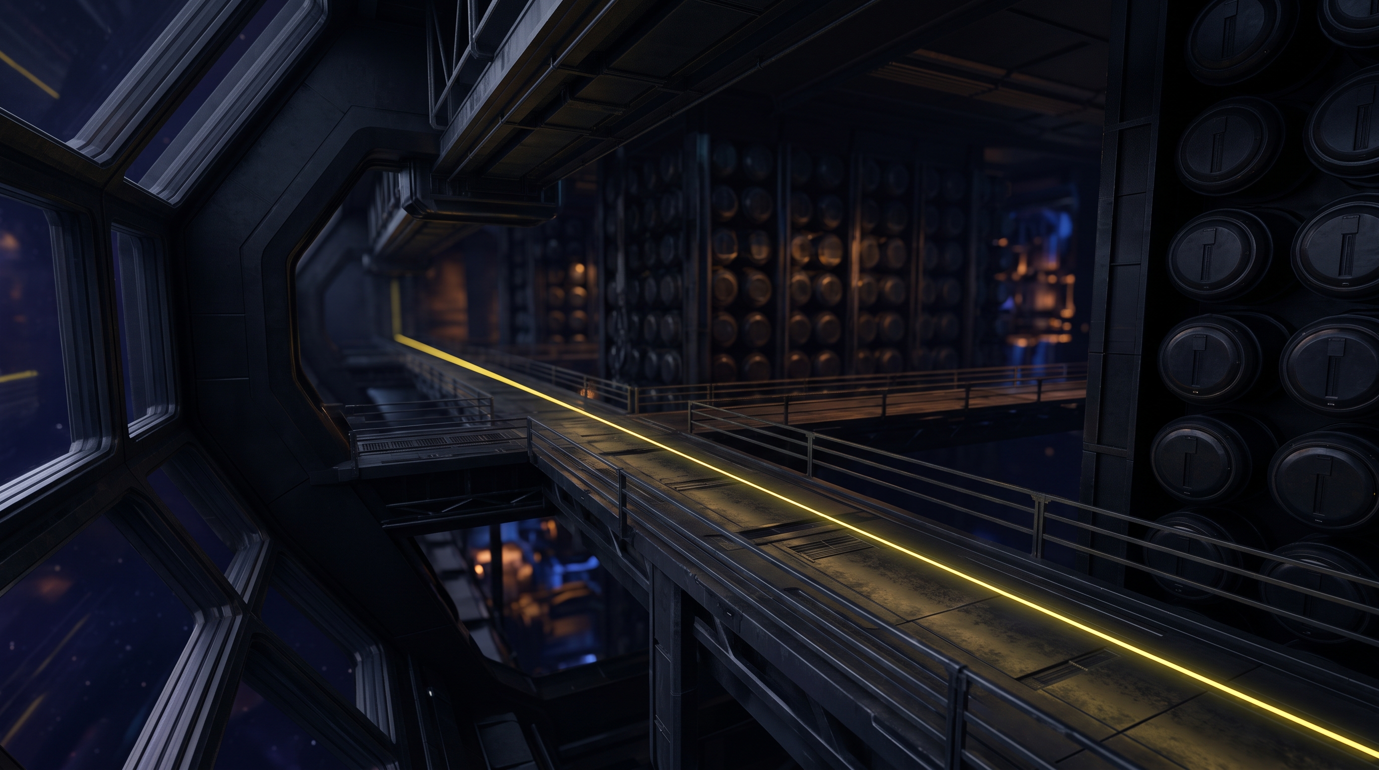 A dark orbital archive crossed by a single yellow forensic signal, evoking a reconstructed machine-speed intrusion.