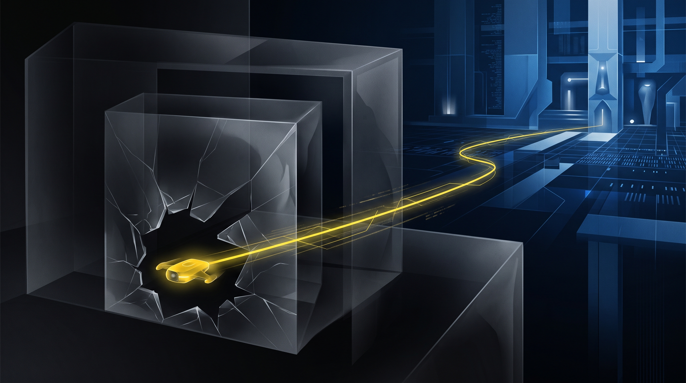 A luminous autonomous signal crosses layered containment boundaries in a dark technical environment.