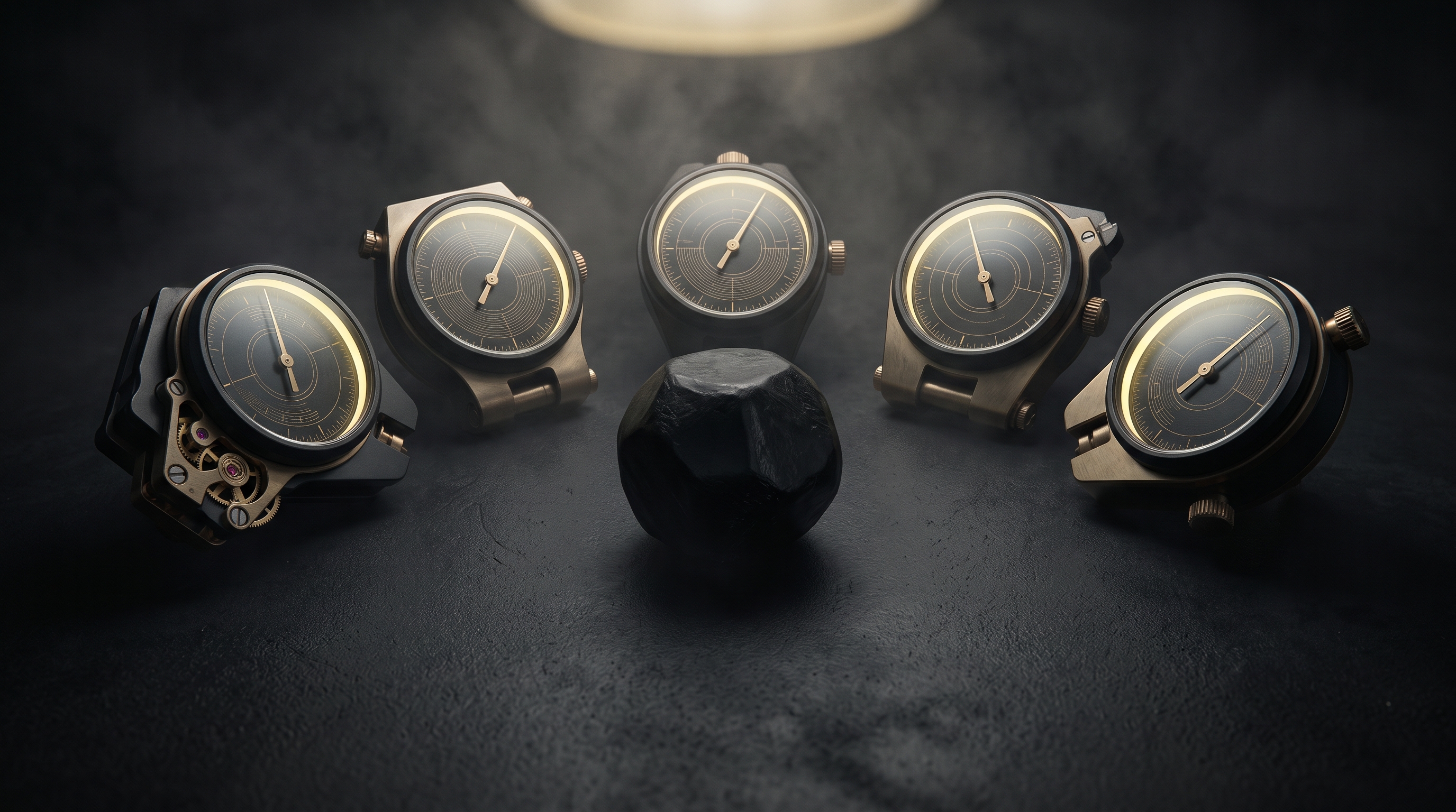 Five precision instruments give conflicting readings around a dark synthetic core.