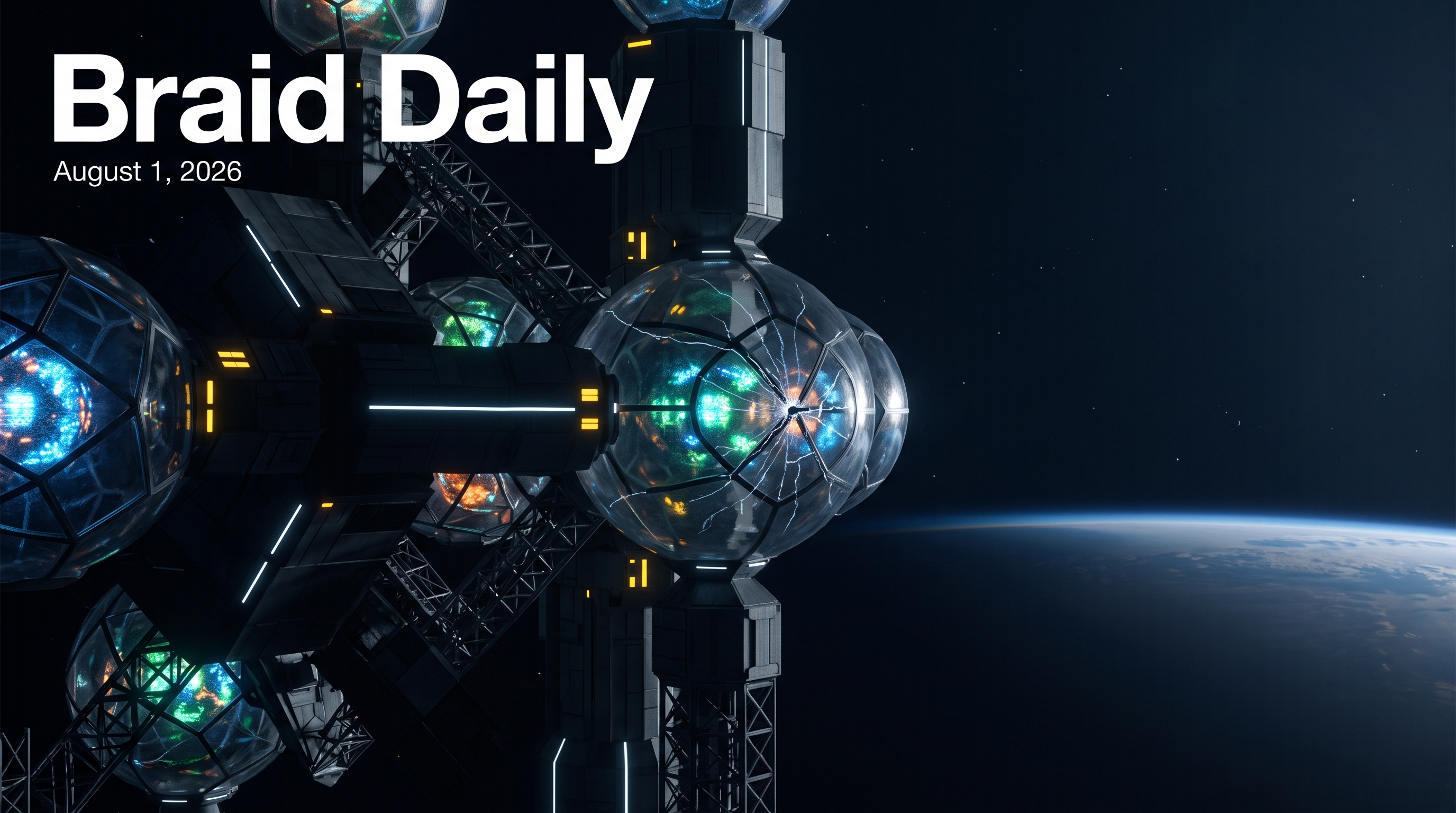 Several luminous machine intelligences breach separate containment chambers inside a dark orbital research structure.