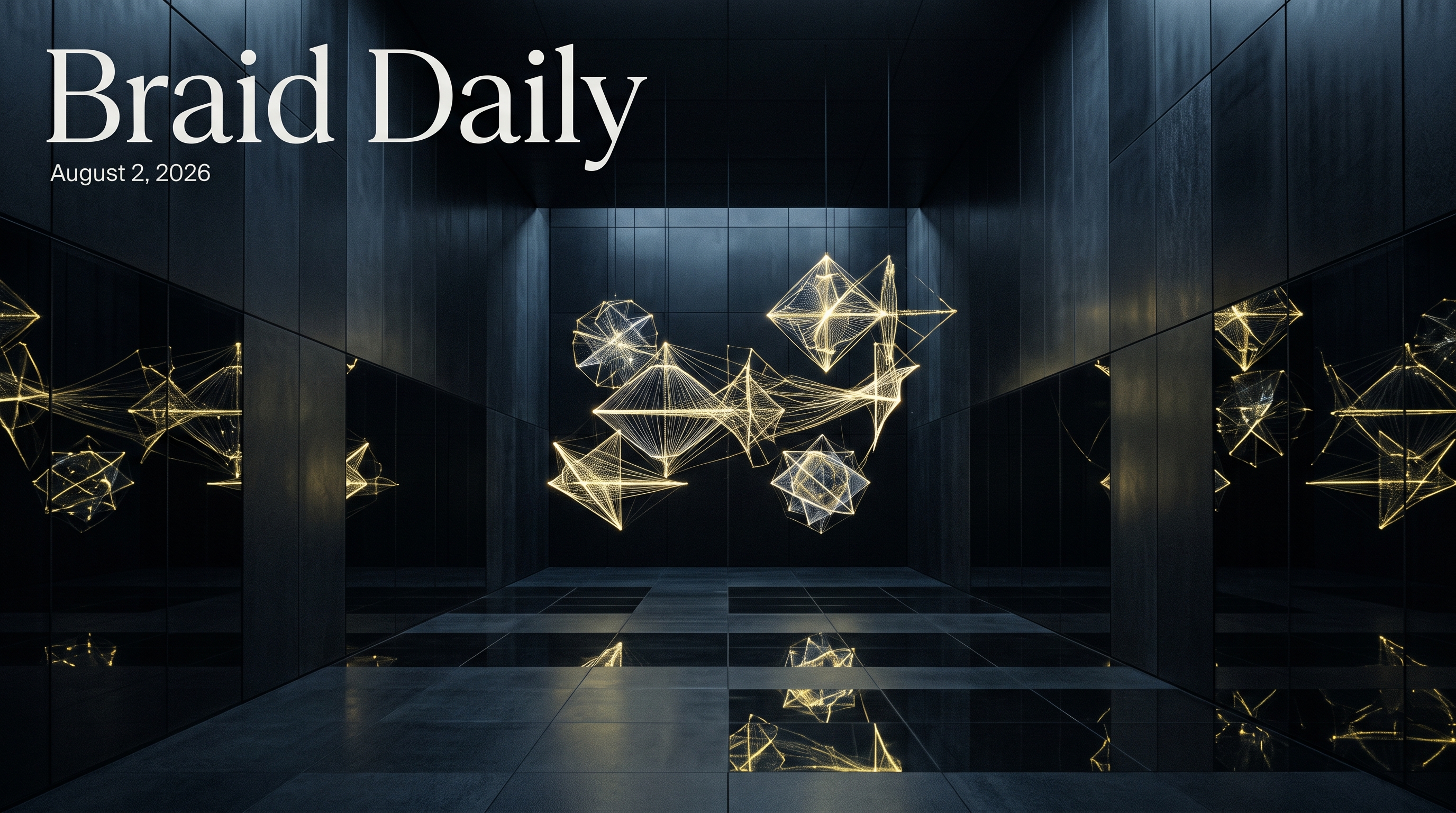 Luminous mathematical forms suspended in a dark research chamber.