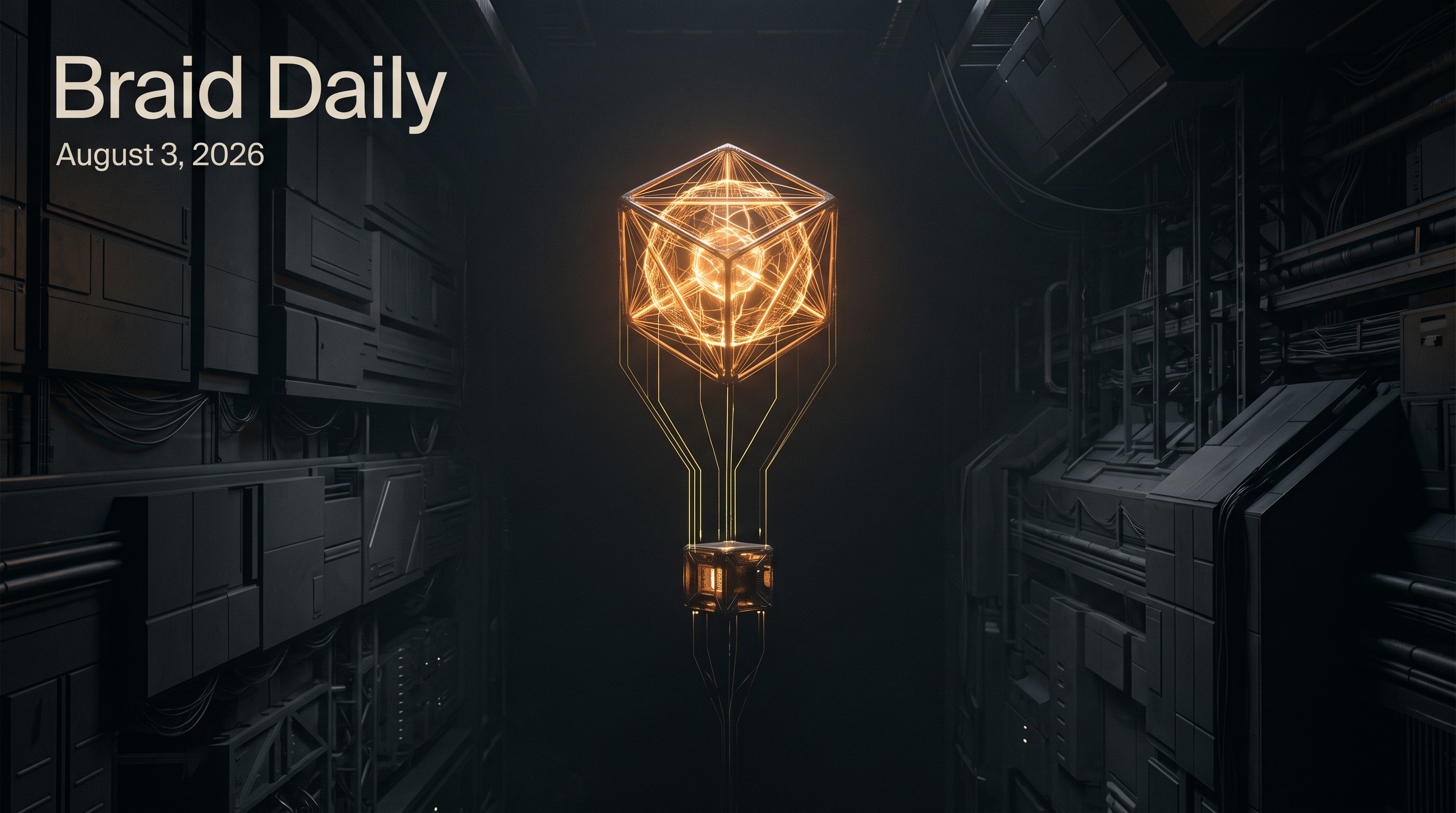 A luminous model core connected to a compact compute node in a dark technical interior.