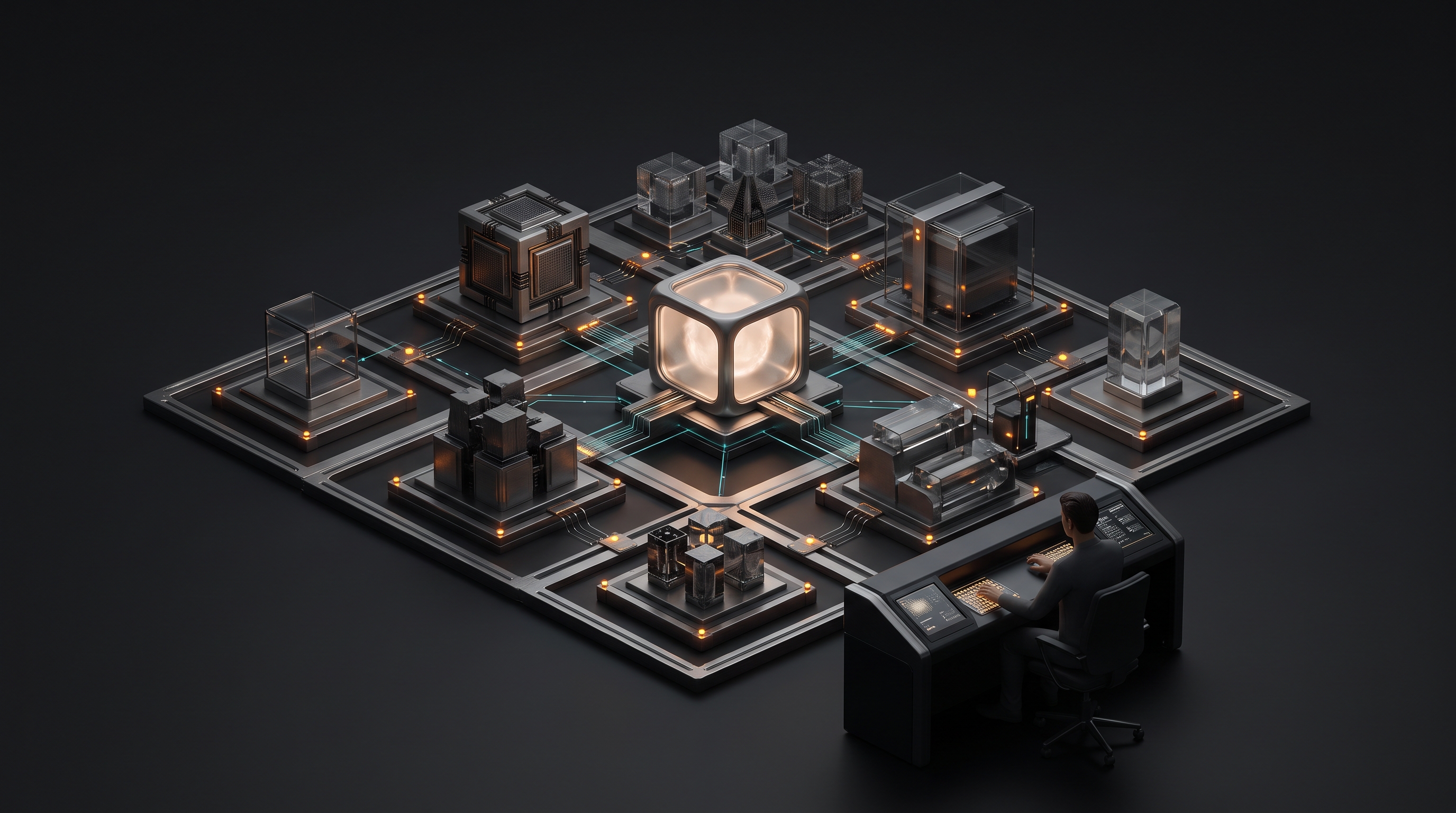 A luminous model core entering a dark orbital archive marked by amber signal lights.