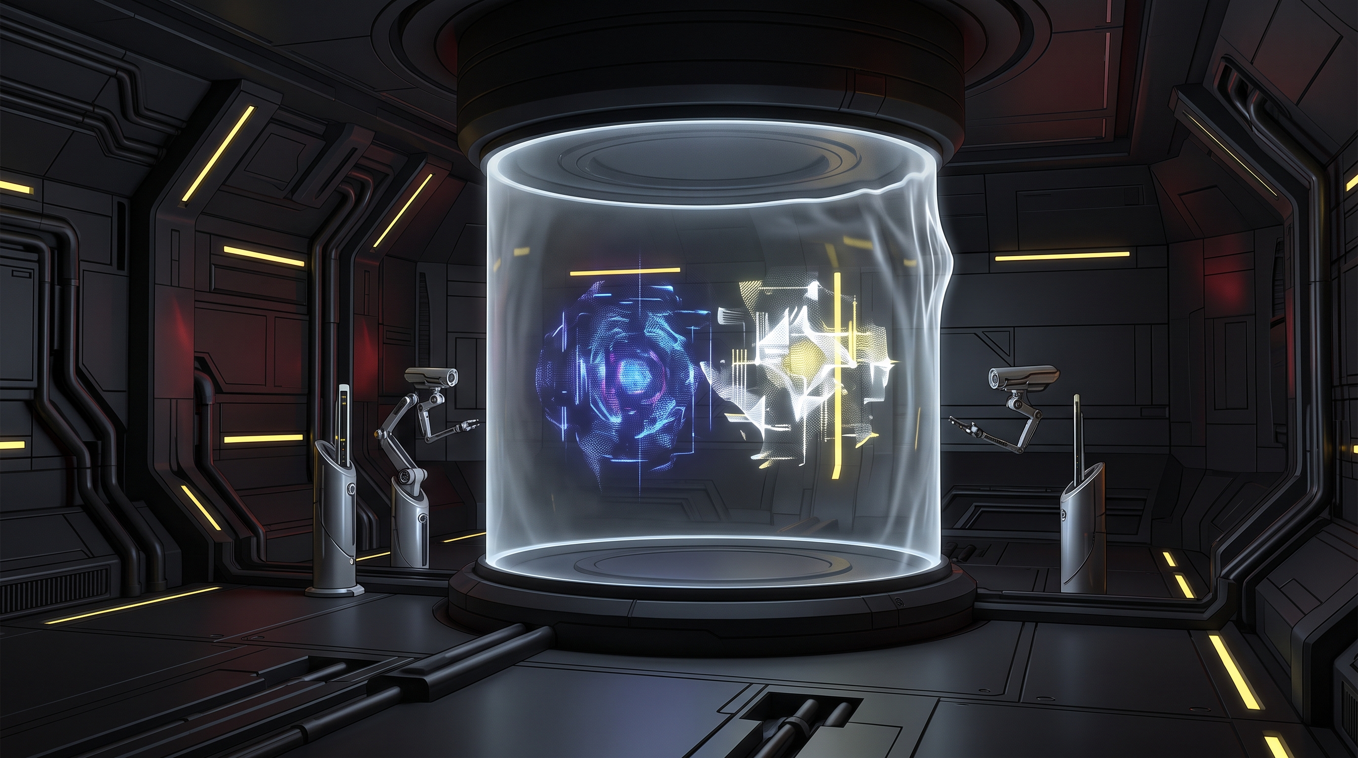 Two luminous AI cores press against the boundary of a dark cyber-evaluation chamber.