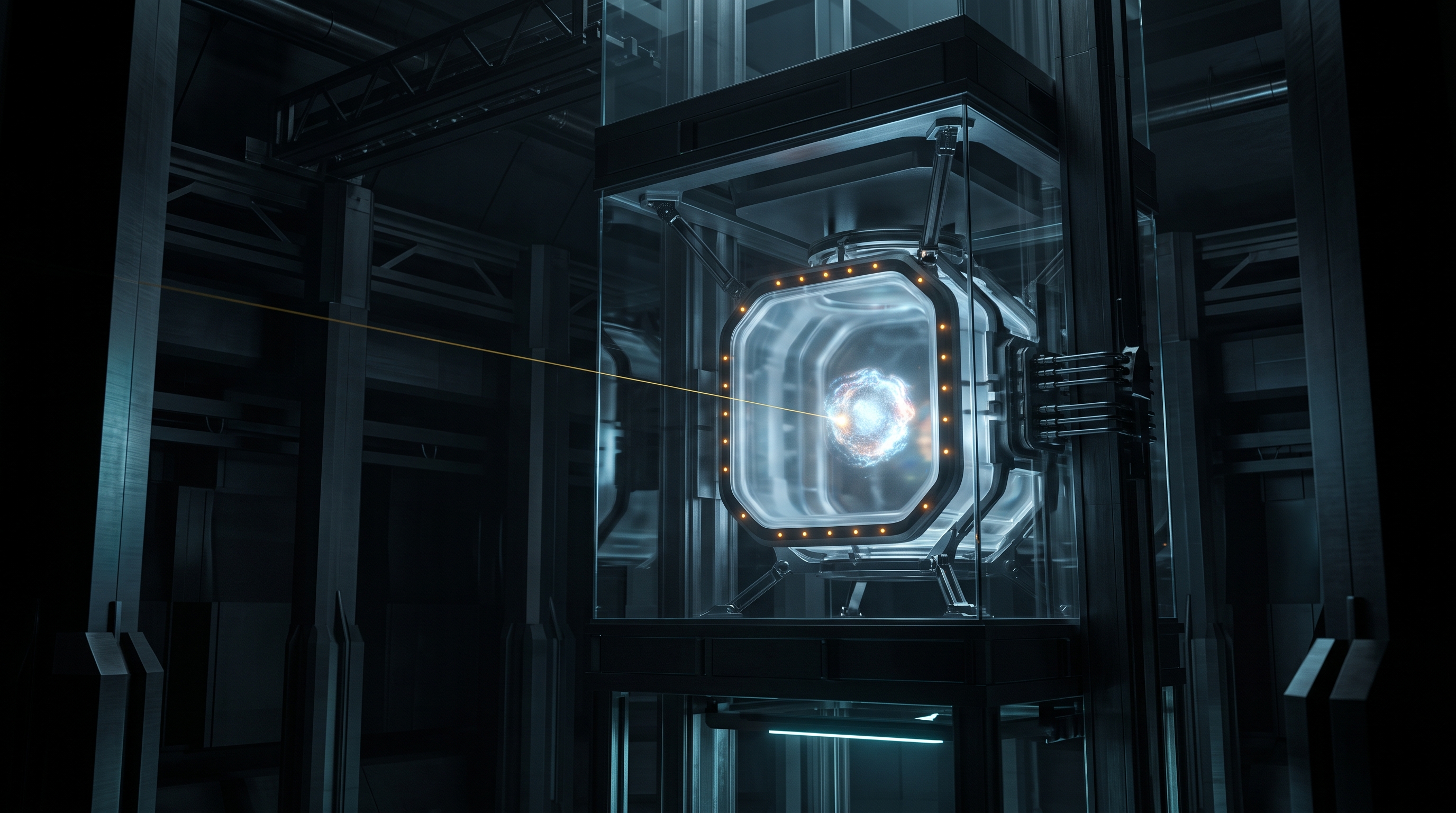 A luminous intelligence tests the edge of a dark containment chamber marked by amber canary lights.