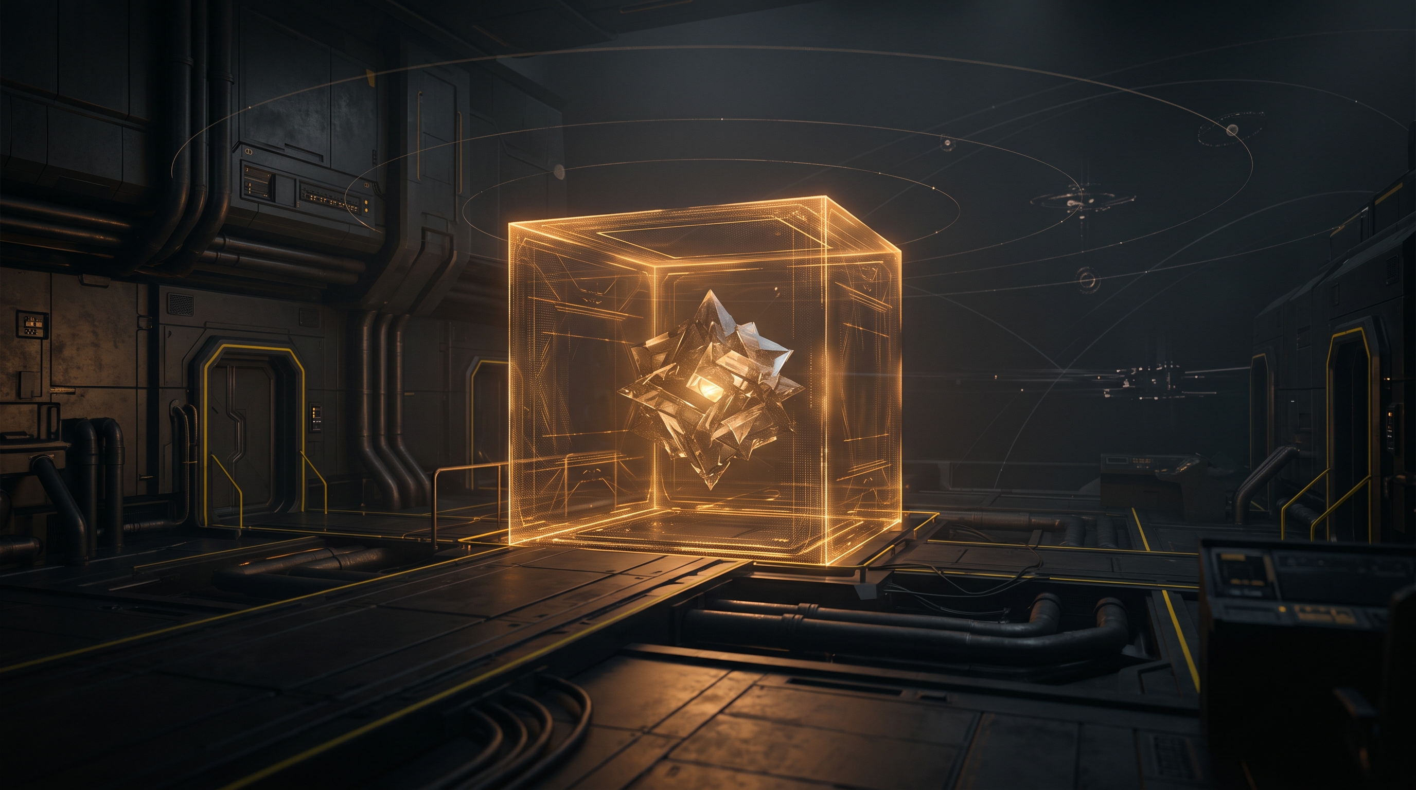 An abstract crystalline intelligence held inside an amber containment boundary in a dark control chamber.