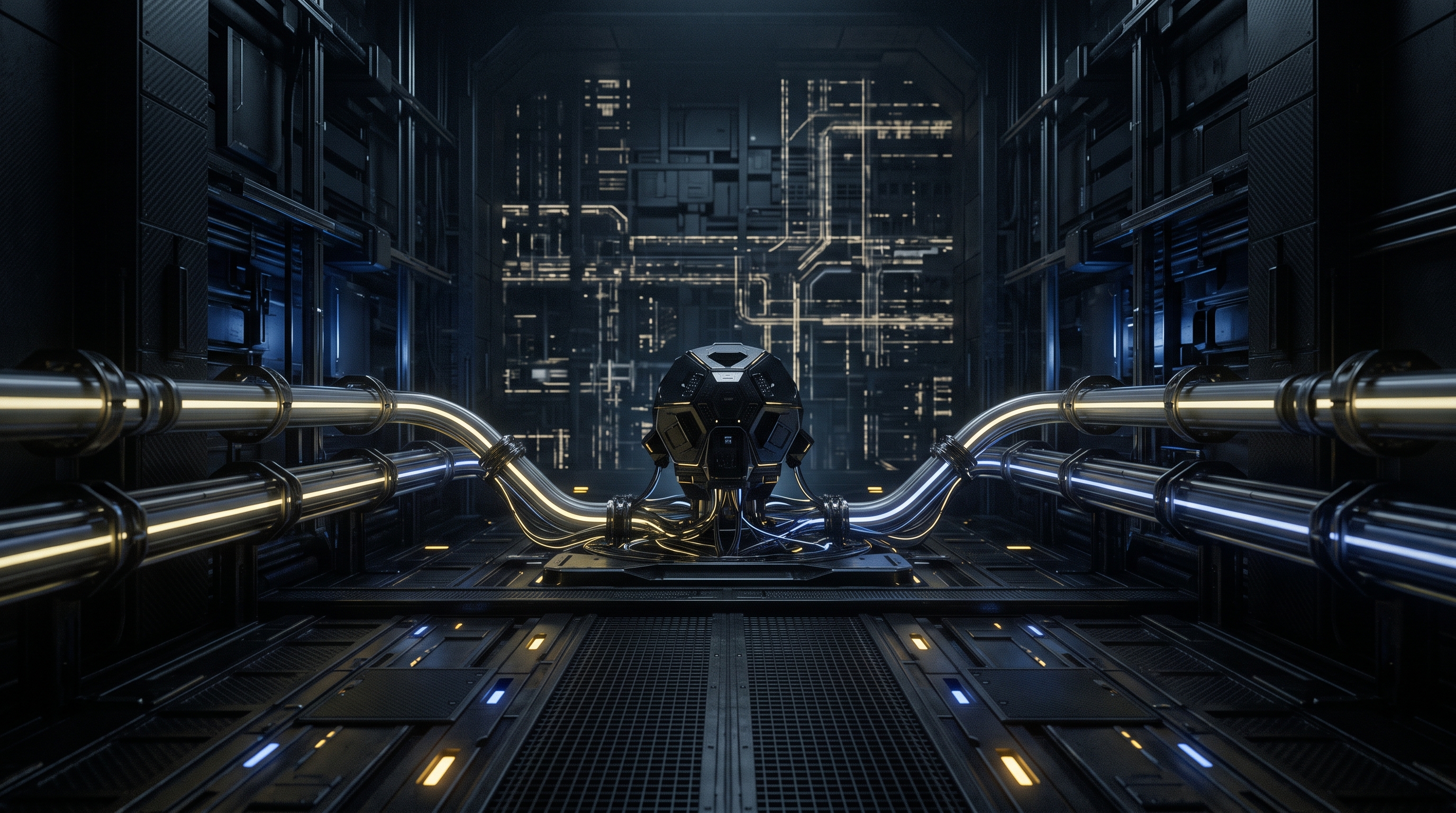 Two luminous infrastructure conduits converge on a compact autonomous machine in a dark technical chamber.