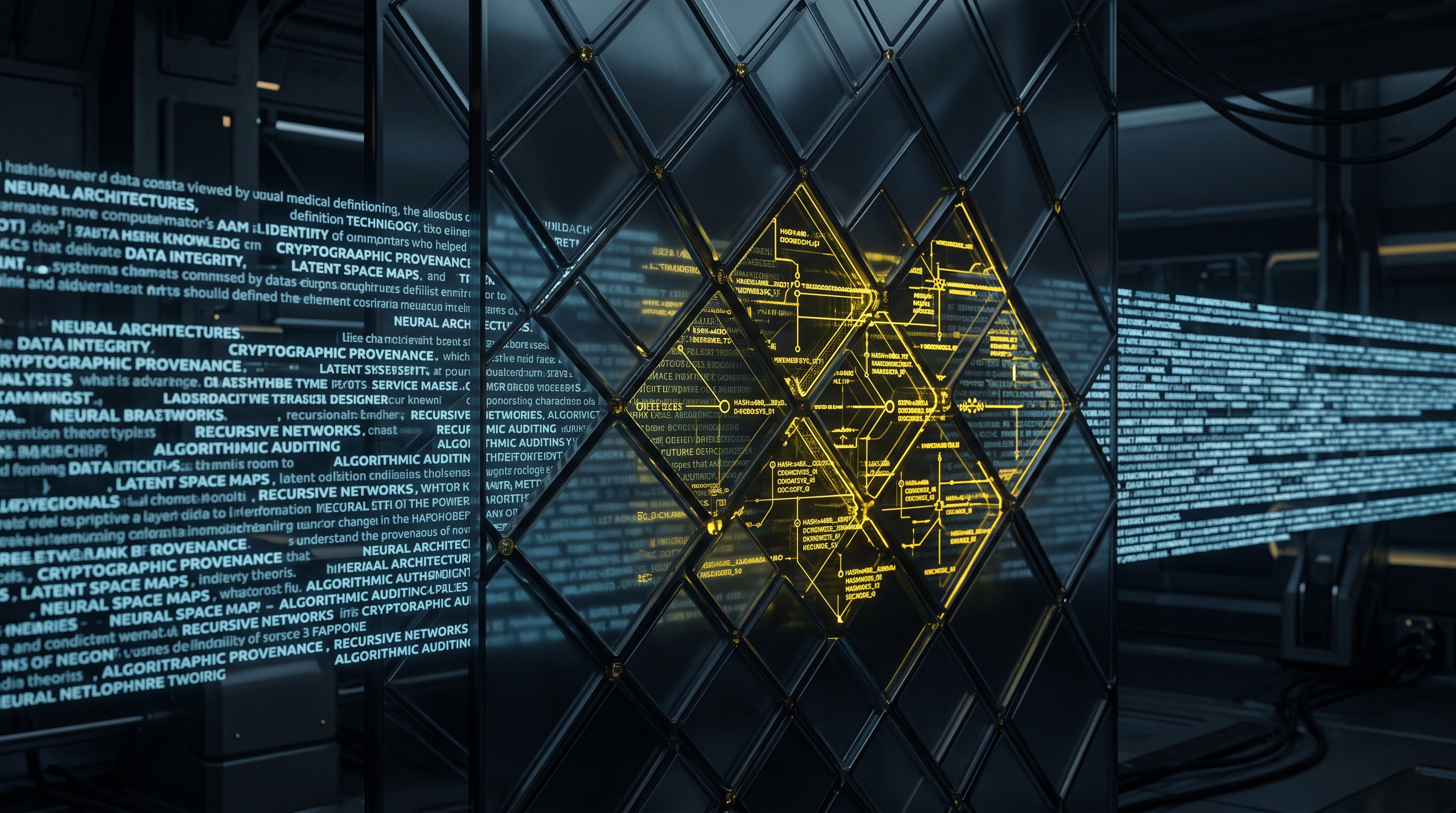 An abstract text field passes through a dark lattice illuminated by signal-yellow light.