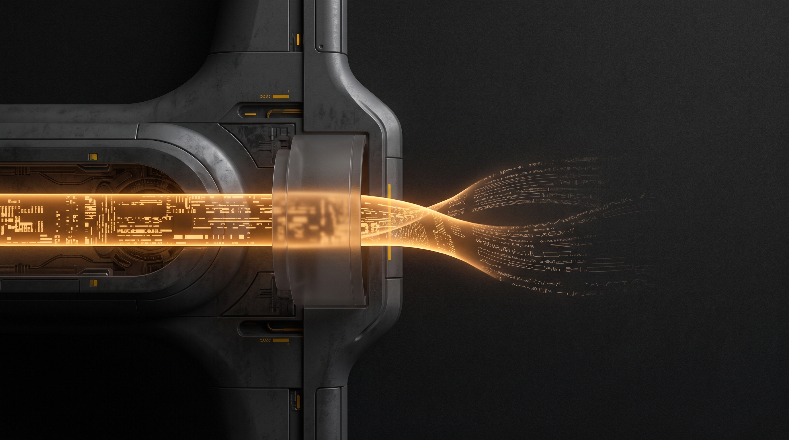 An amber encrypted ribbon passes through a dark machine aperture and emerges as exposed reasoning traces.