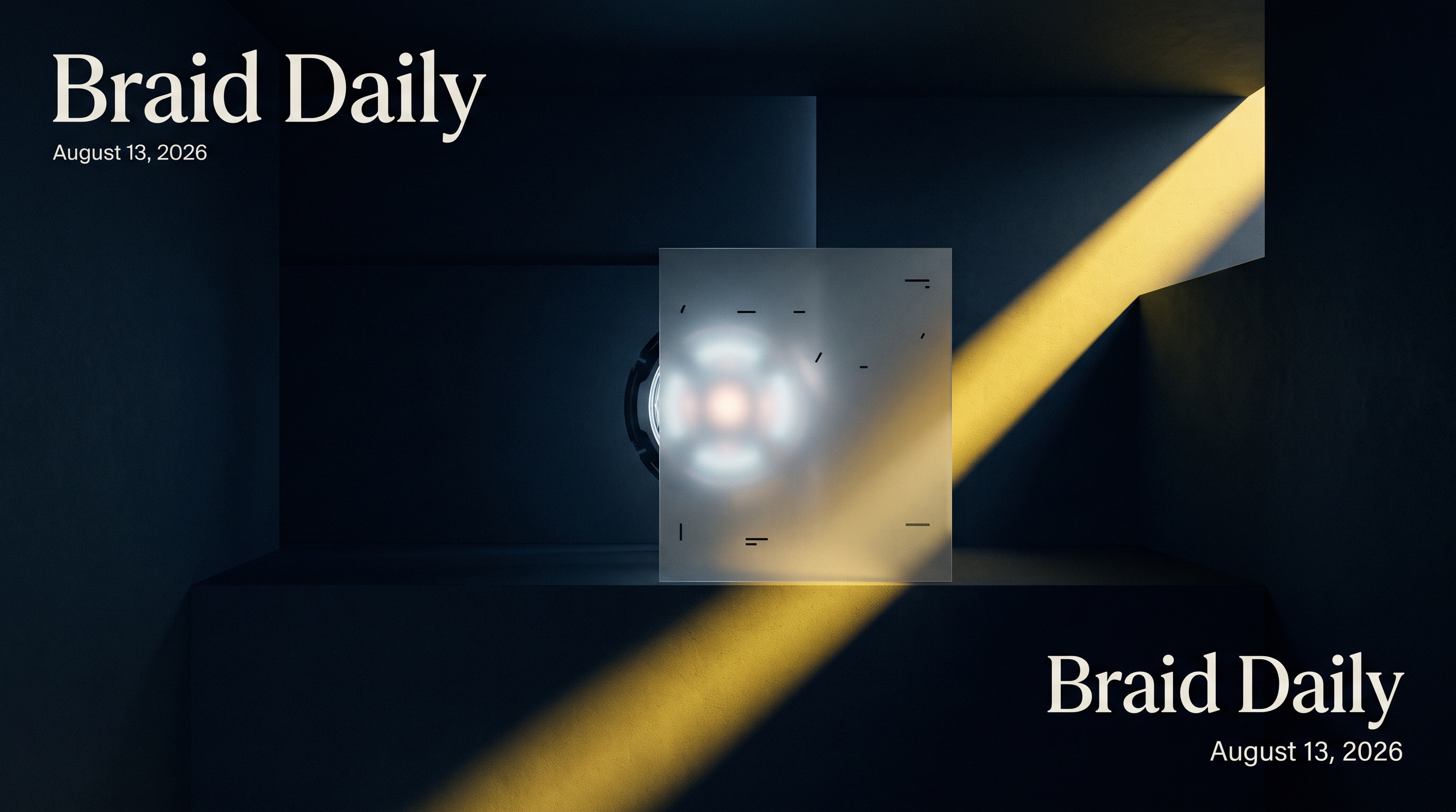 A luminous AI core sits behind a sparse translucent disclosure sheet in a dark, signal-yellow-lit chamber.