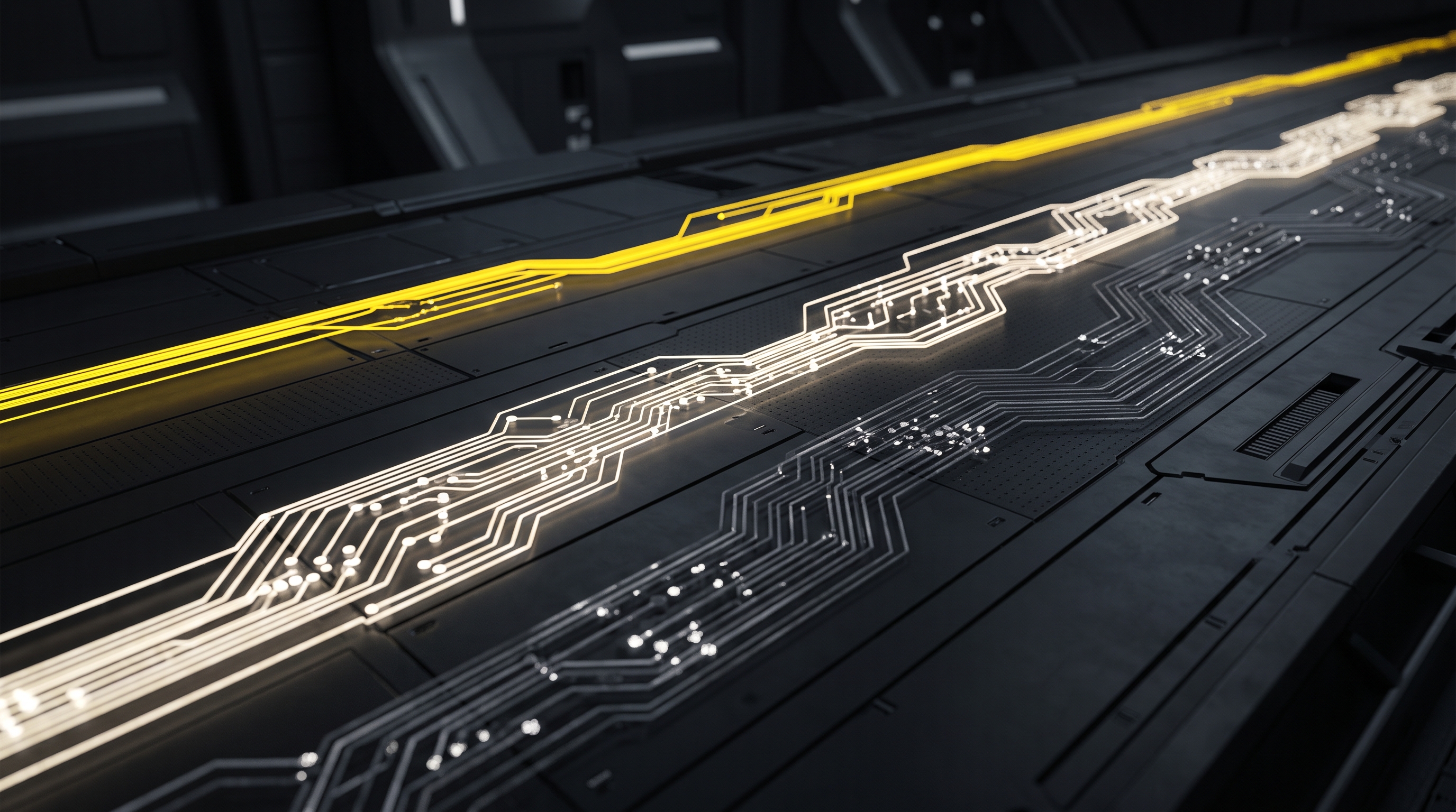 Three luminous compute streams cross a dark editorial surface, led by a fast signal-yellow path.
