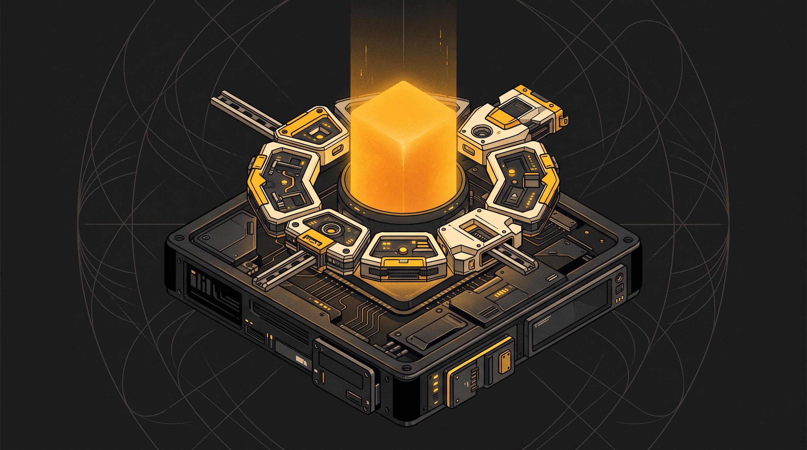 A luminous amber model core settling into a dark local workstation surrounded by connected tools.