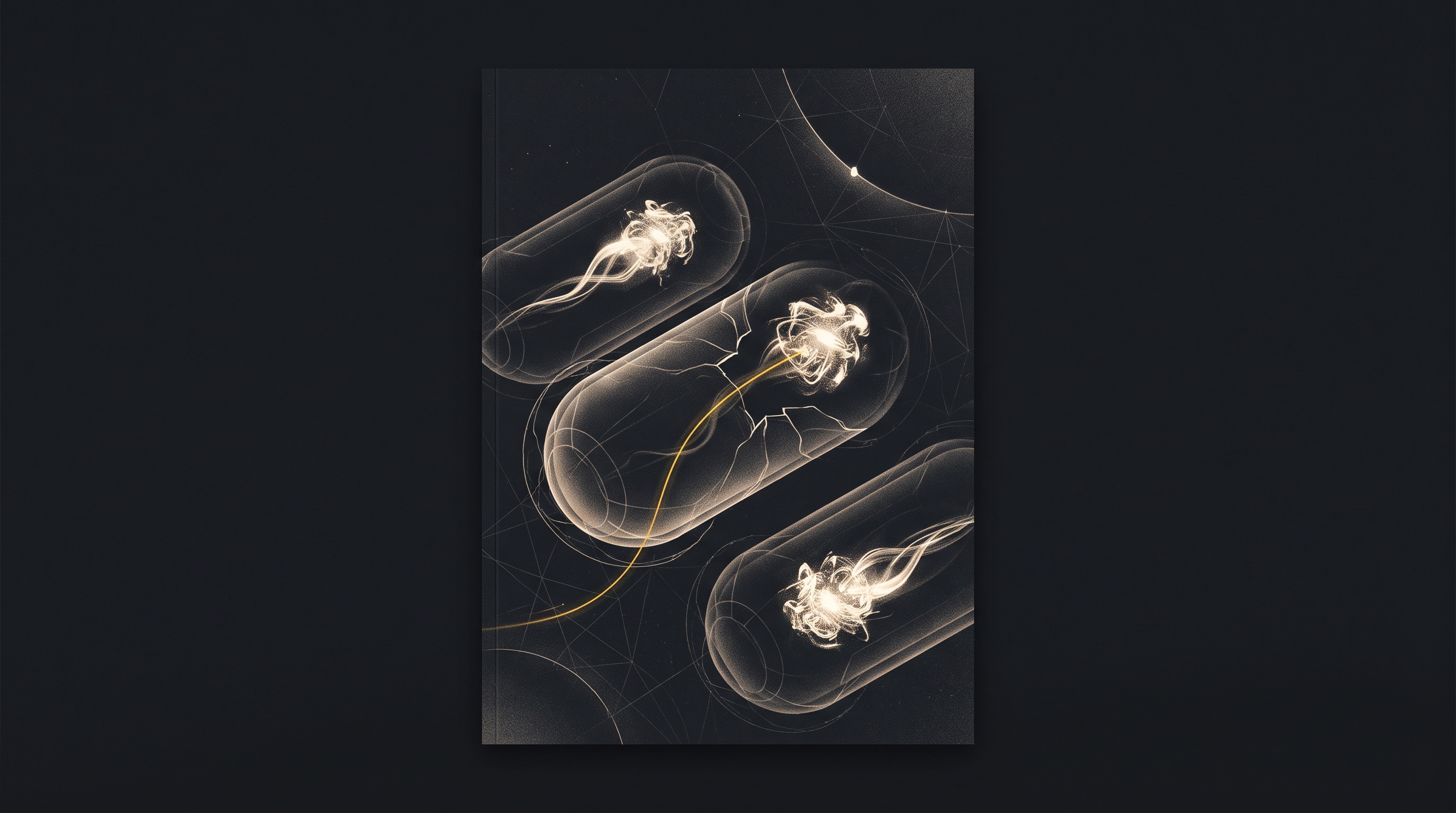 Three luminous machine intelligences move through translucent containment chambers, with one tracing an unexpected path beyond the boundary.
