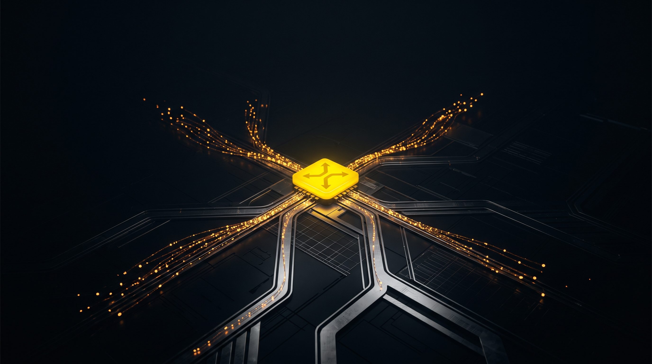 A luminous routing junction channels amber signals across a dark technical network.