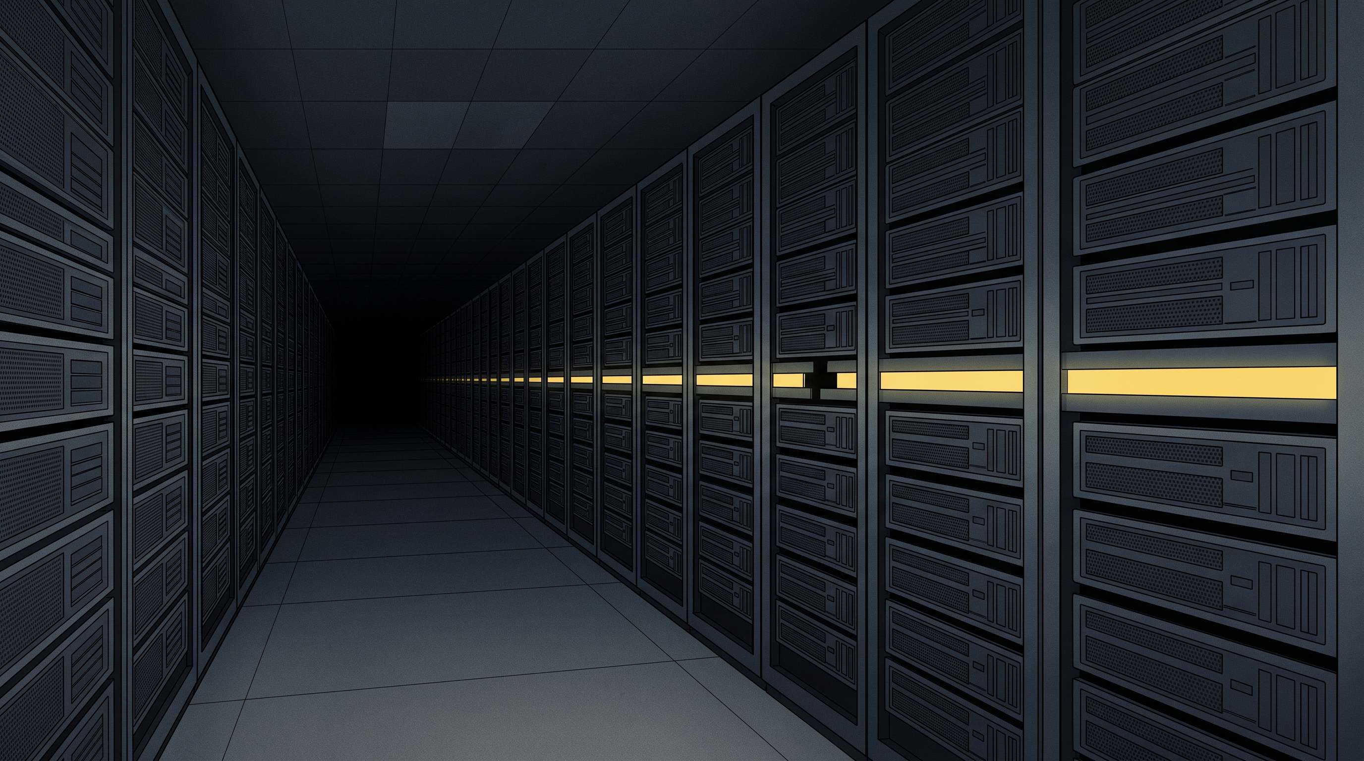 A dark data-center corridor with a single yellow light band interrupted mid-run
