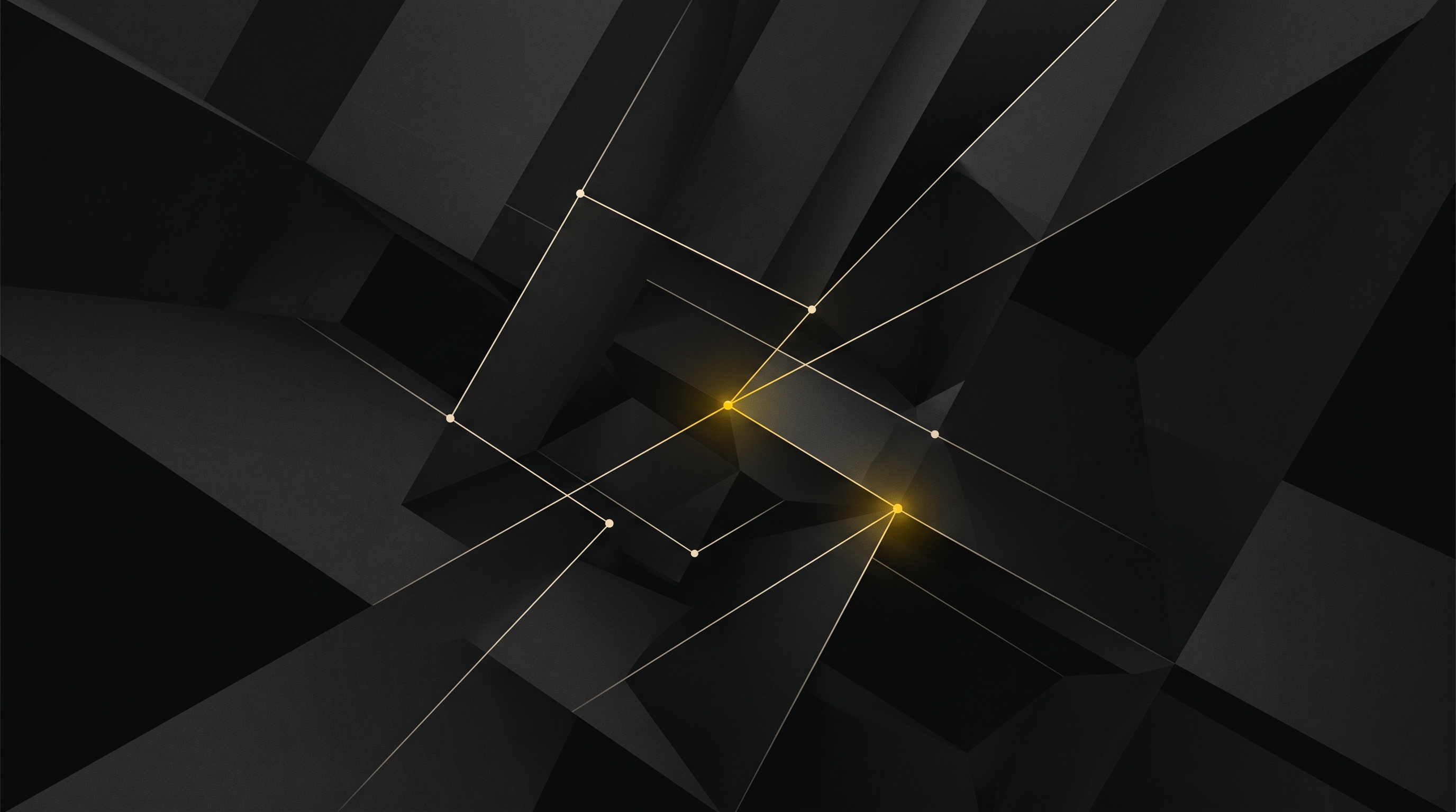 Ivory geometric paths converge on a yellow verification glow inside a dark abstract chamber.
