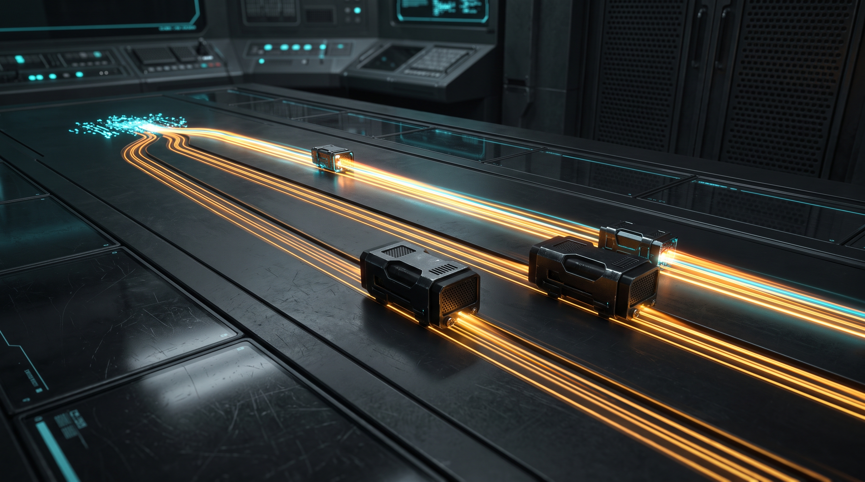 Three abstract inference engines race across a dark control surface, with the smallest tracing the most efficient path.