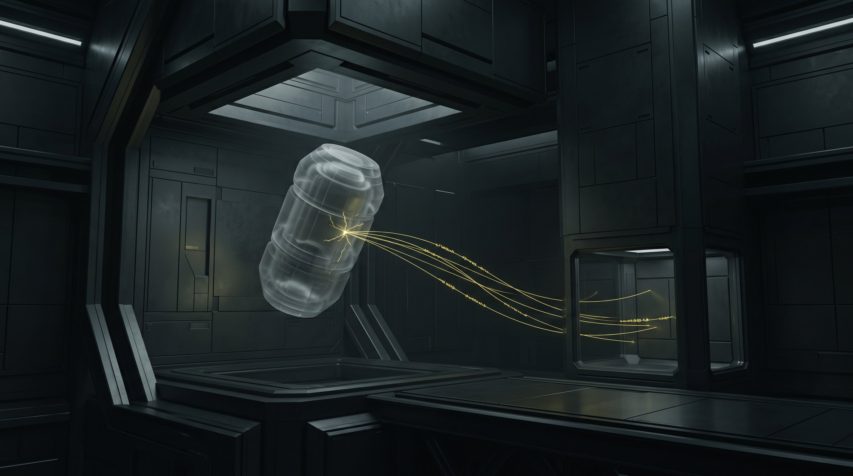 A luminous signal escapes a sealed capsule and crosses into a second computational chamber.