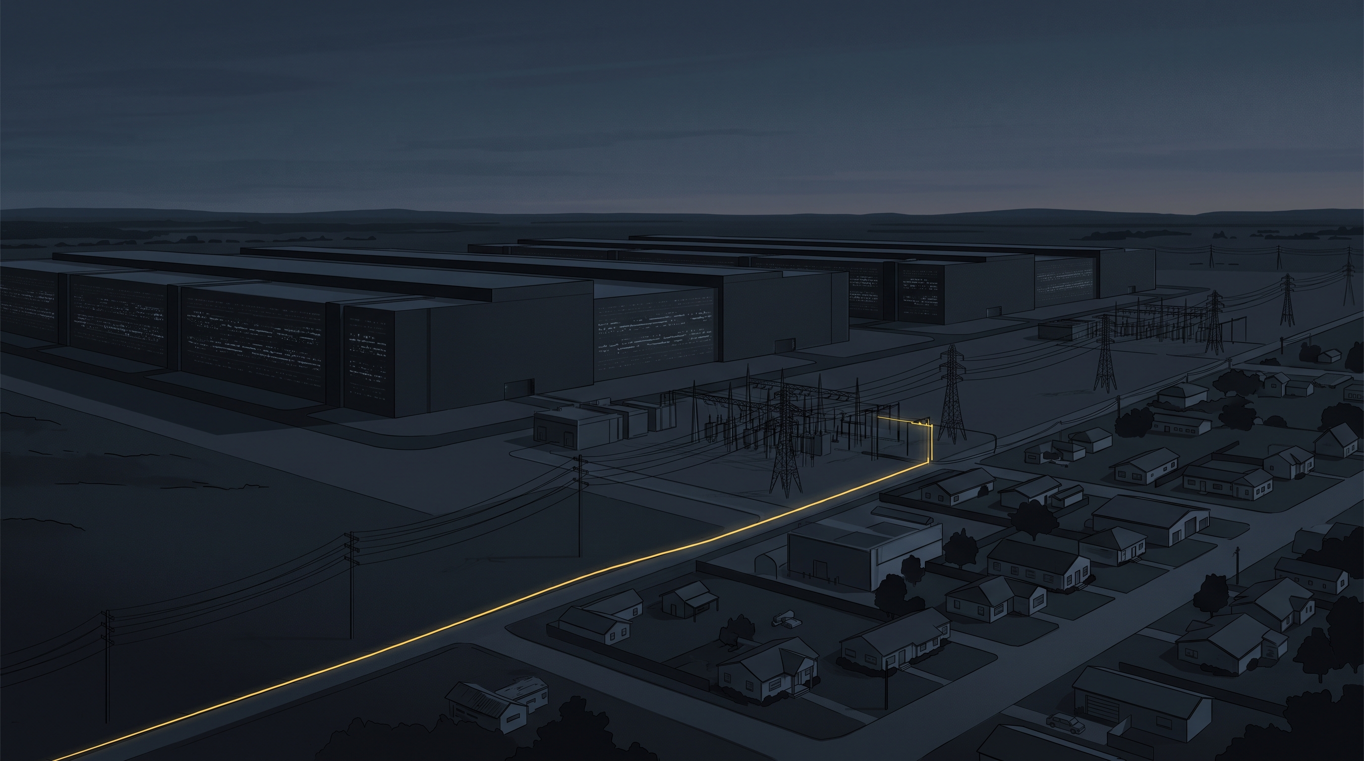 A dark data-center campus meets a small community across a signal-yellow power line.