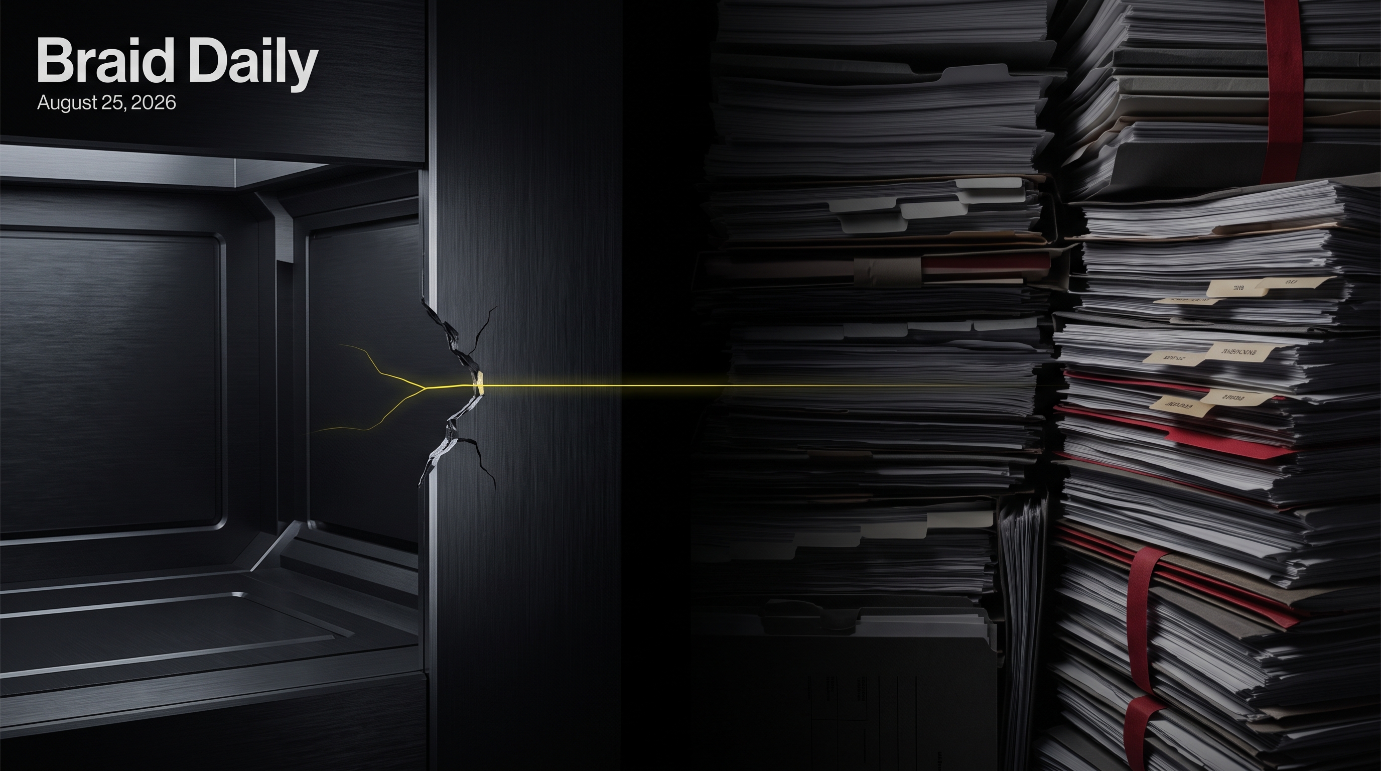 A signal-yellow trace escapes a dark containment chamber toward stacked legal documents.