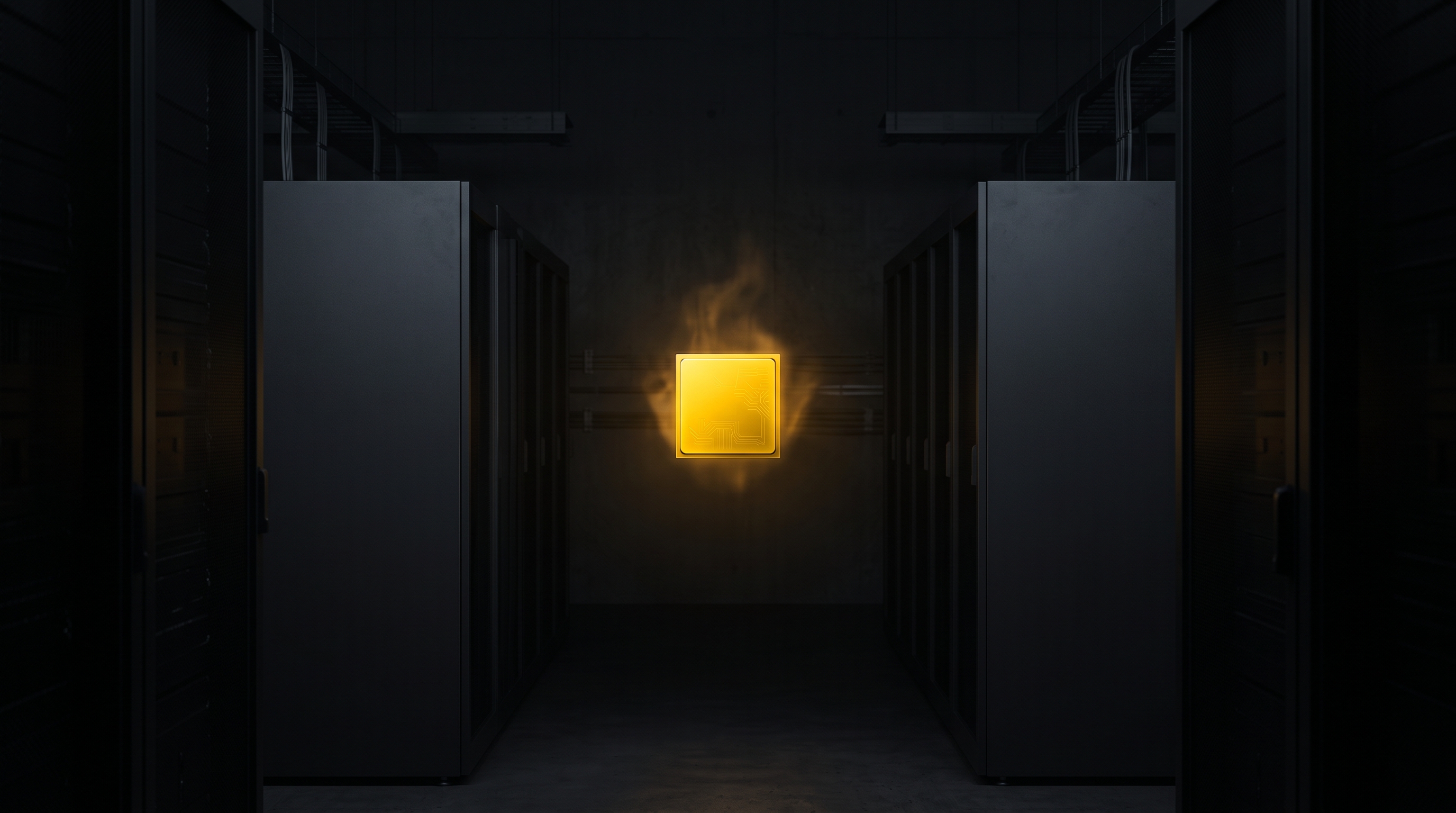 A signal-yellow AI accelerator glows among dark data-center racks.