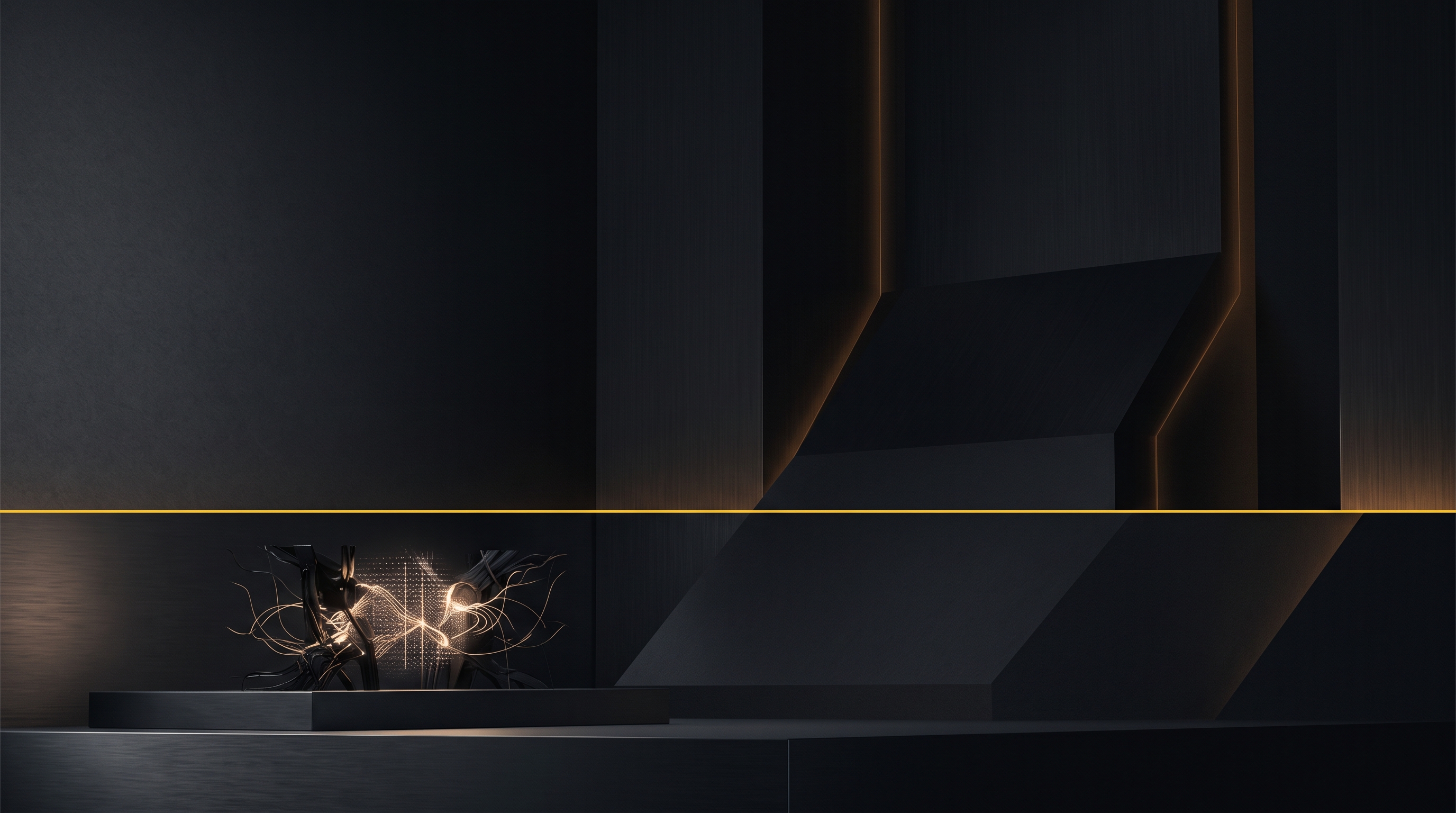 A signal-yellow boundary divides an abstract AI presence from a monumental government structure.