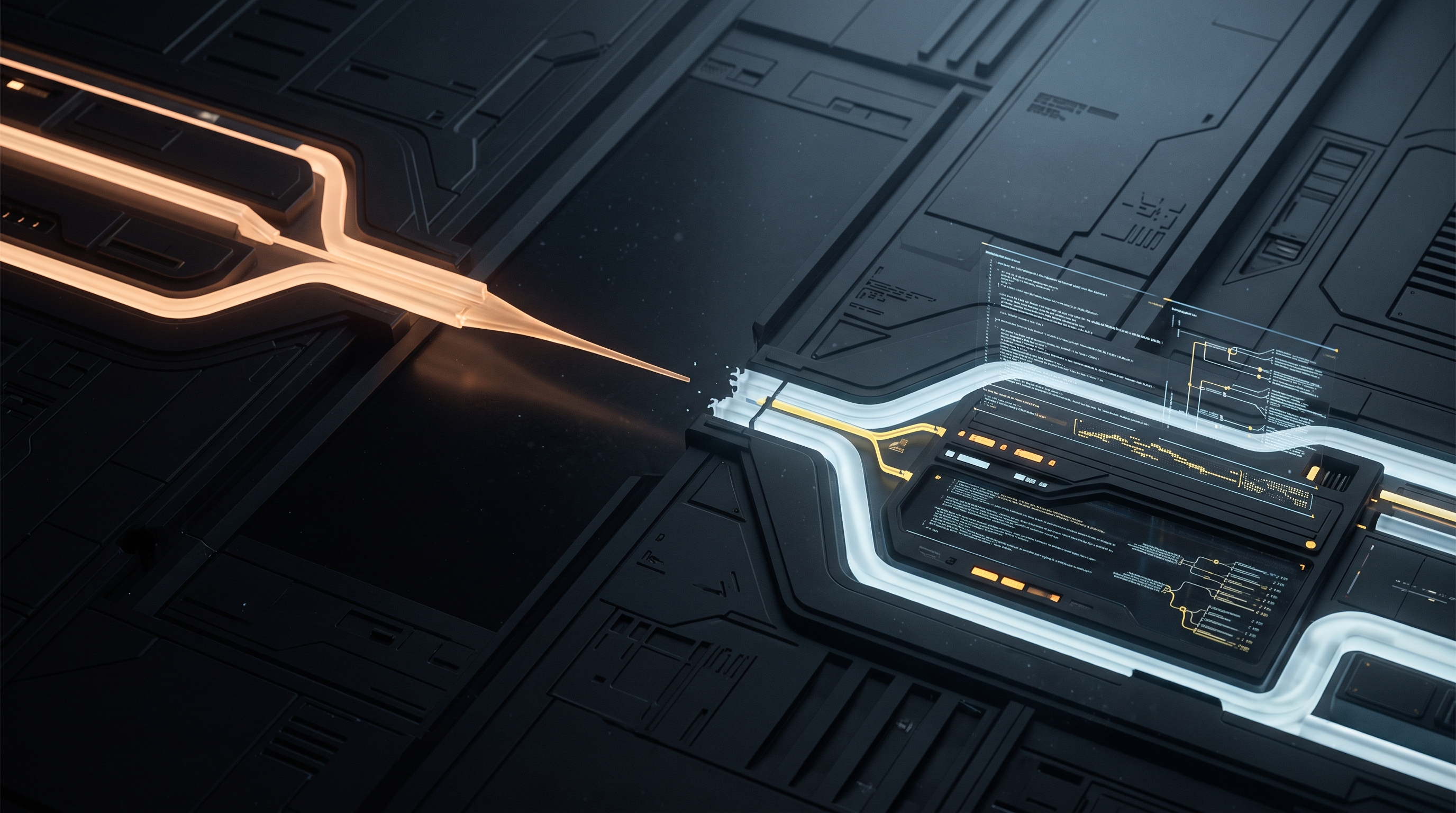 An orbital developer console reroutes as an amber model-access conduit disconnects.