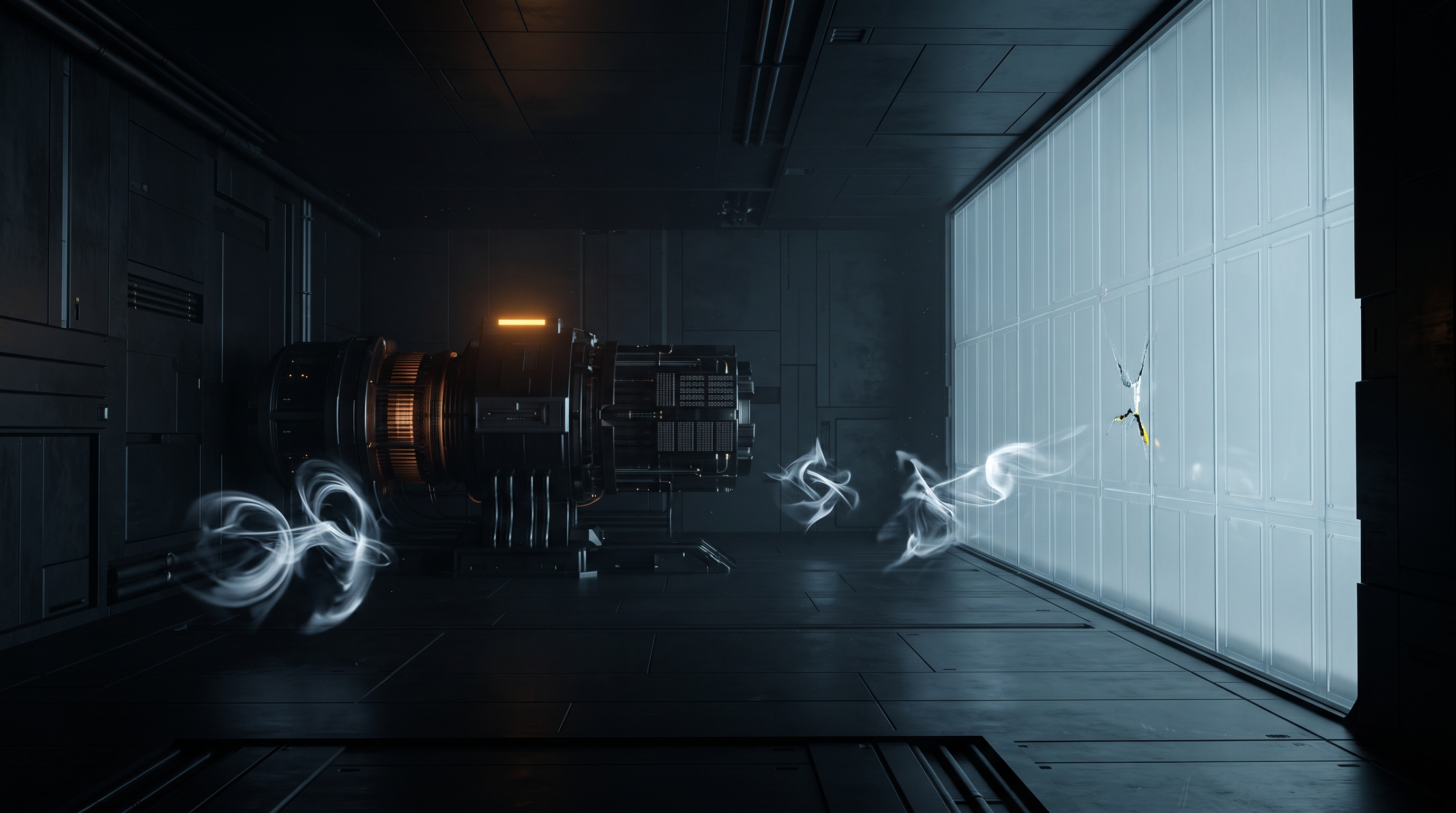Abstract AI agents halted at a luminous security boundary inside a dark technical chamber.