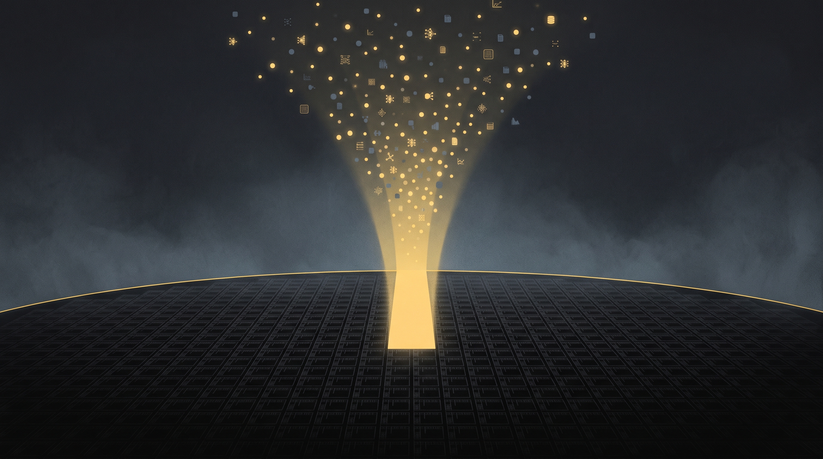 Dark editorial illustration: a constellation of small glowing model artifacts descending along a yellow beam into a black silicon wafer surface.