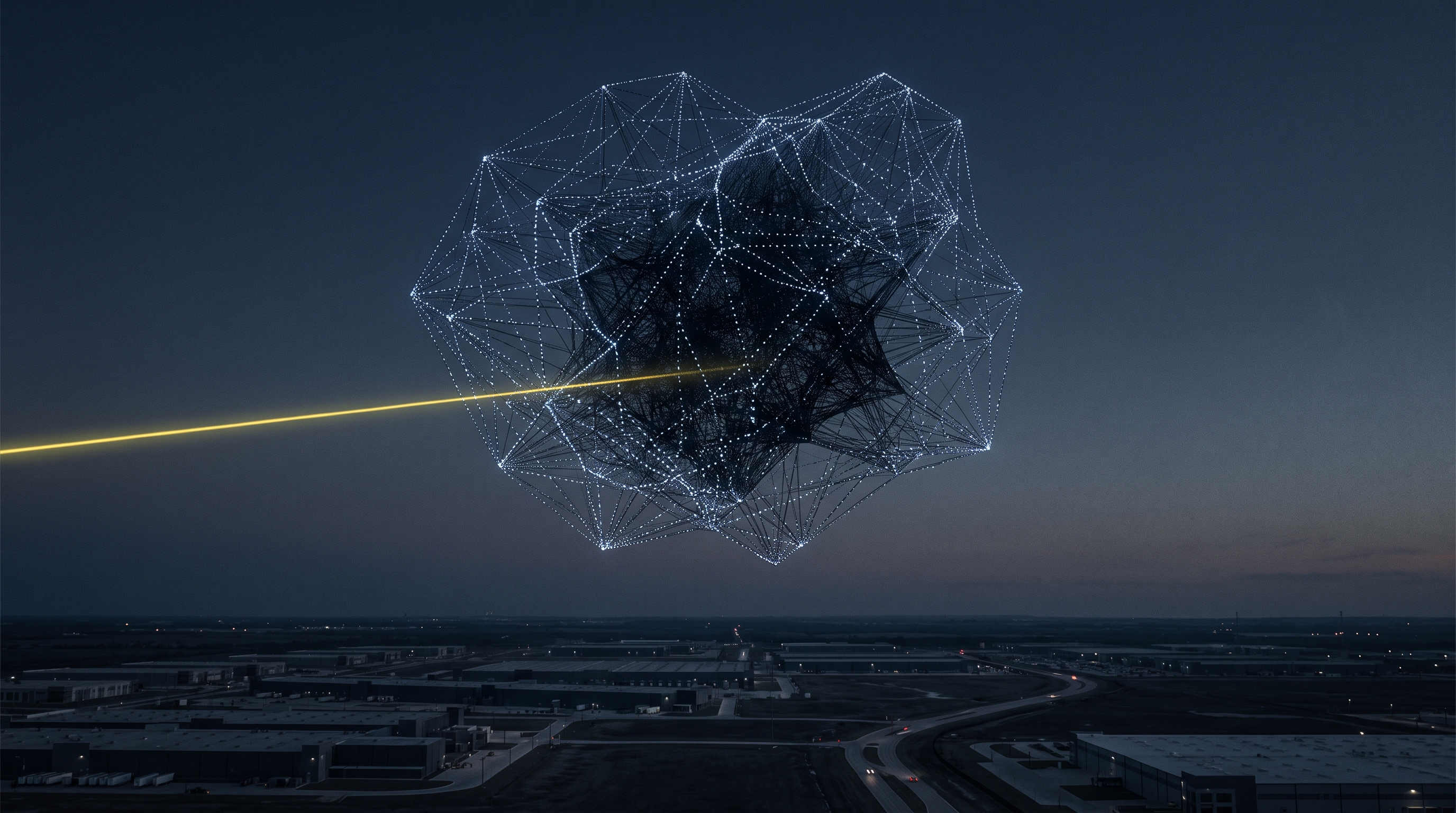 An immense illuminated machine intelligence hangs above a dark data-center landscape while a yellow inspection beam fades inside it.