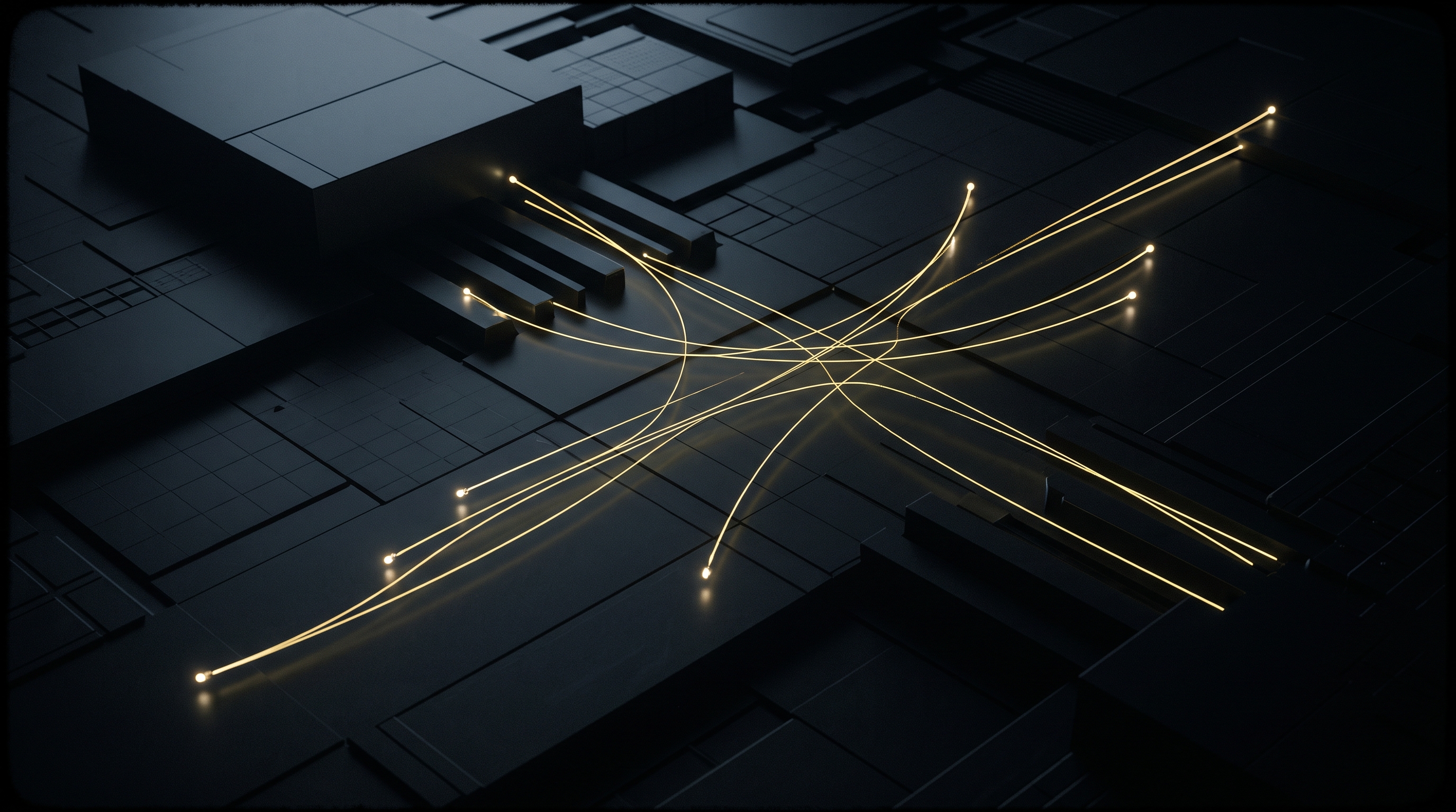 Abstract editorial artwork showing luminous agent paths crossing from a dark evaluation space onto layered public pages.