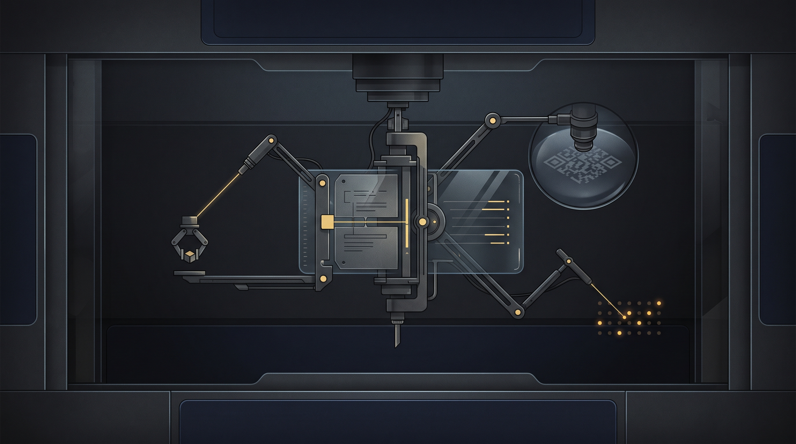 A dark editorial illustration of shifting calibration plates observed by external probes.