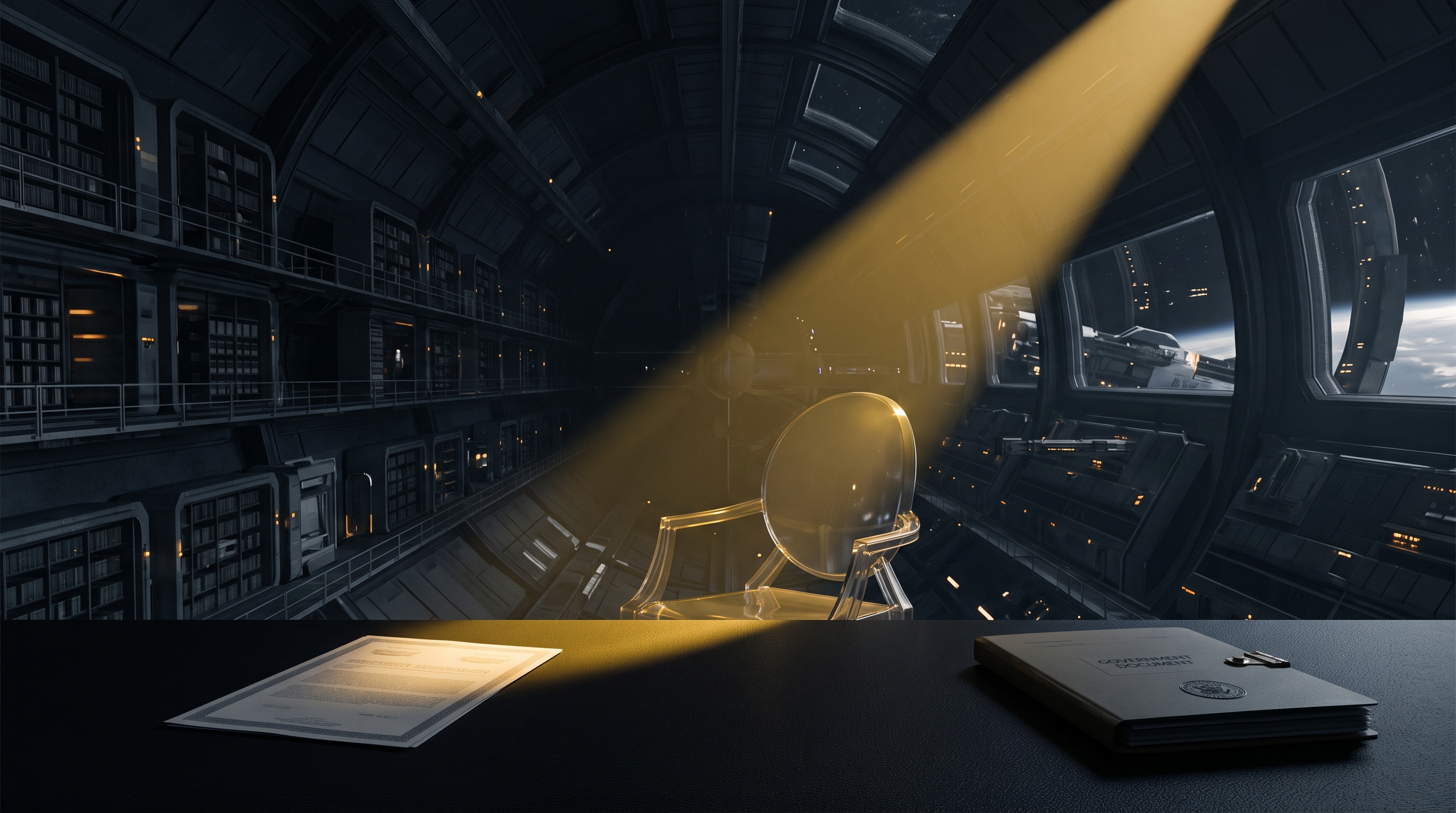 A dark futuristic civic archive where a yellow beam links an abandoned equity certificate, an oversight chair, and a sealed government document.