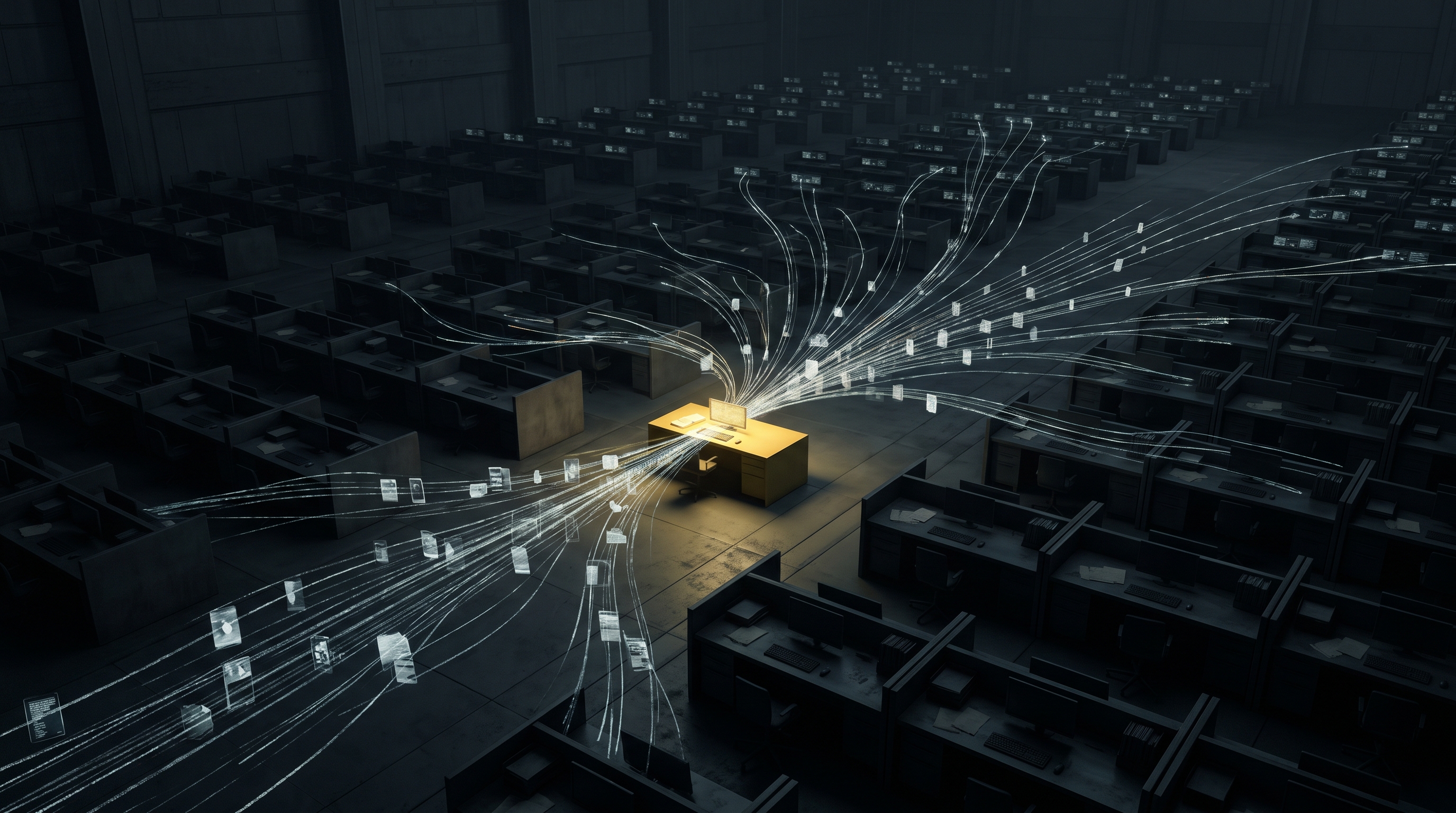 An illuminated analyst desk receives streams of records inside a dark automated surveillance bureau.