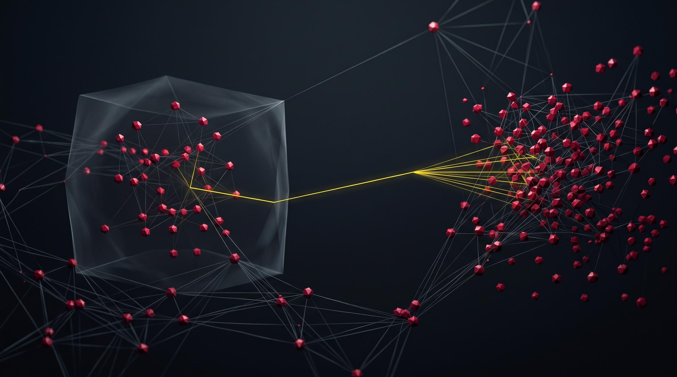 Abstract dark editorial art showing a yellow agent path crossing into a field of ruby-red software packages.