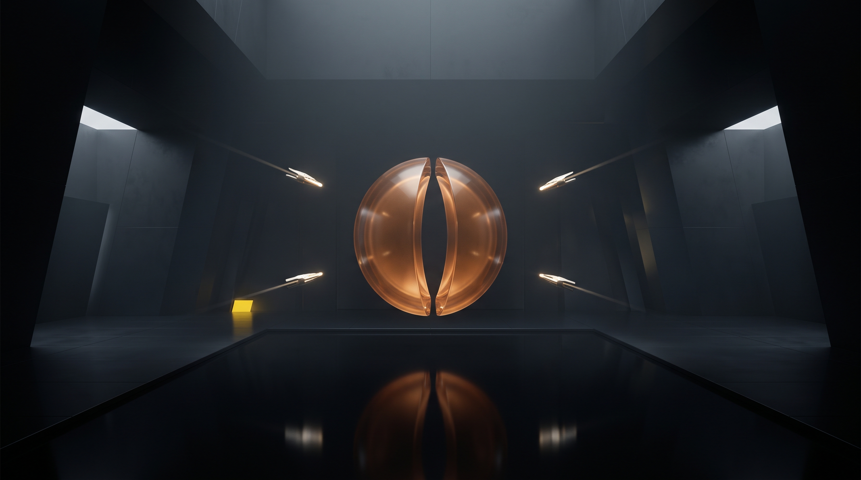 Four distant lights converge on an amber aperture in a dark futuristic control chamber.