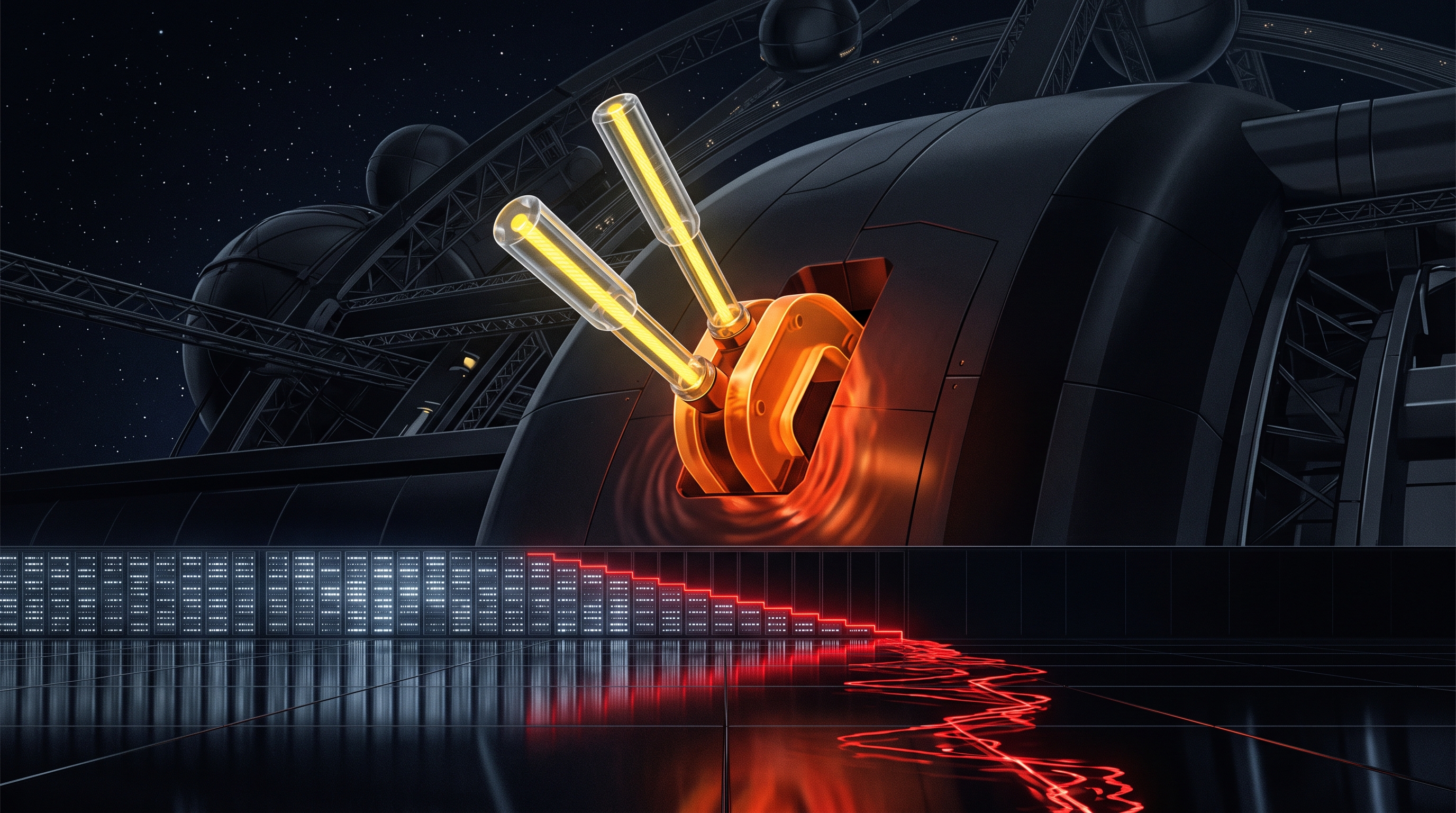 Three luminous controls engage a brake above a dark field of data-center lights and a falling red market signal.