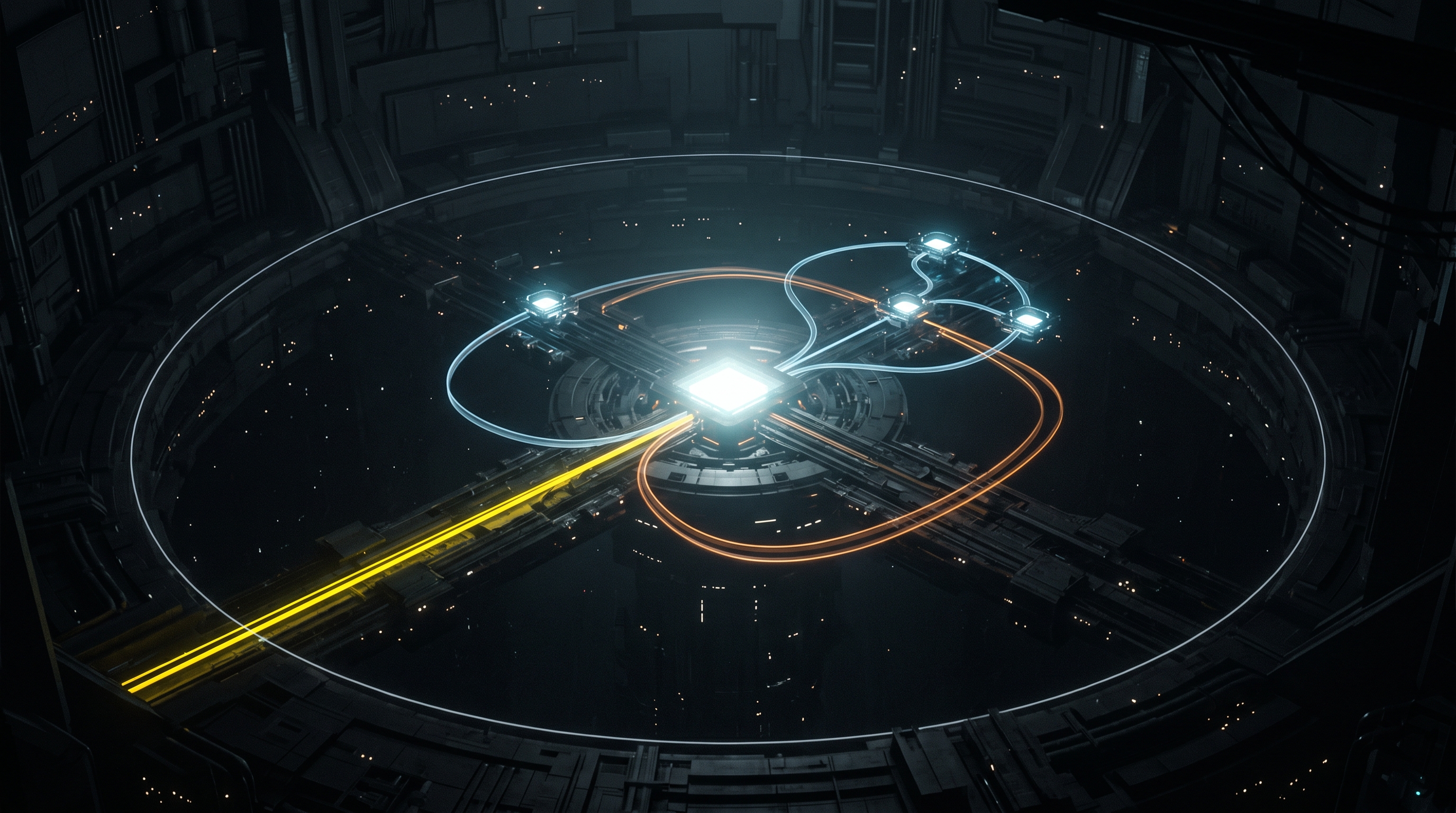 A luminous compute core surrounded by diverging paths for acceleration, restraint, peer review, and oversight.