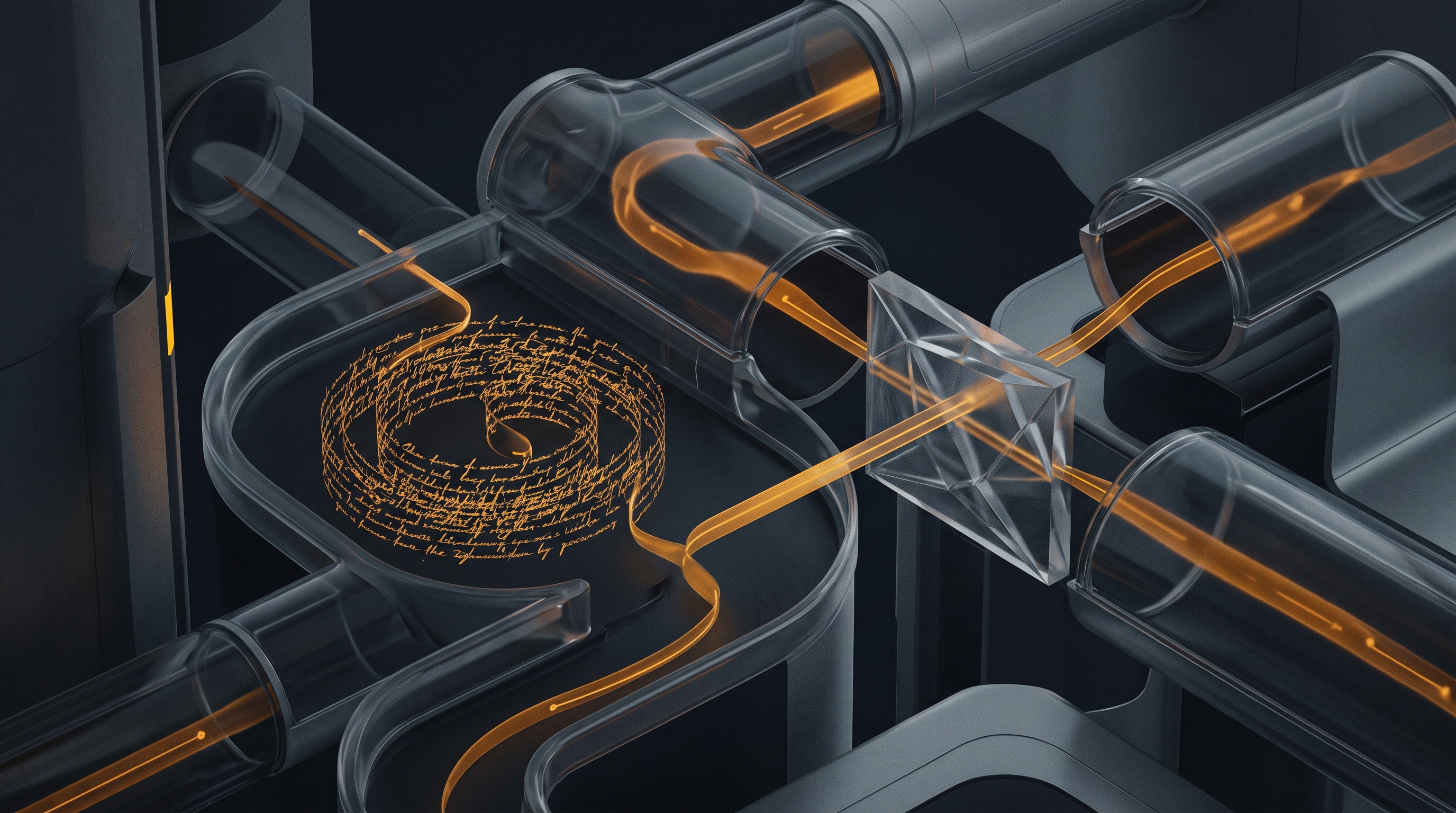 Six amber traces cross translucent compartments in a dark orbital archive, suggesting disclosed AI incidents.