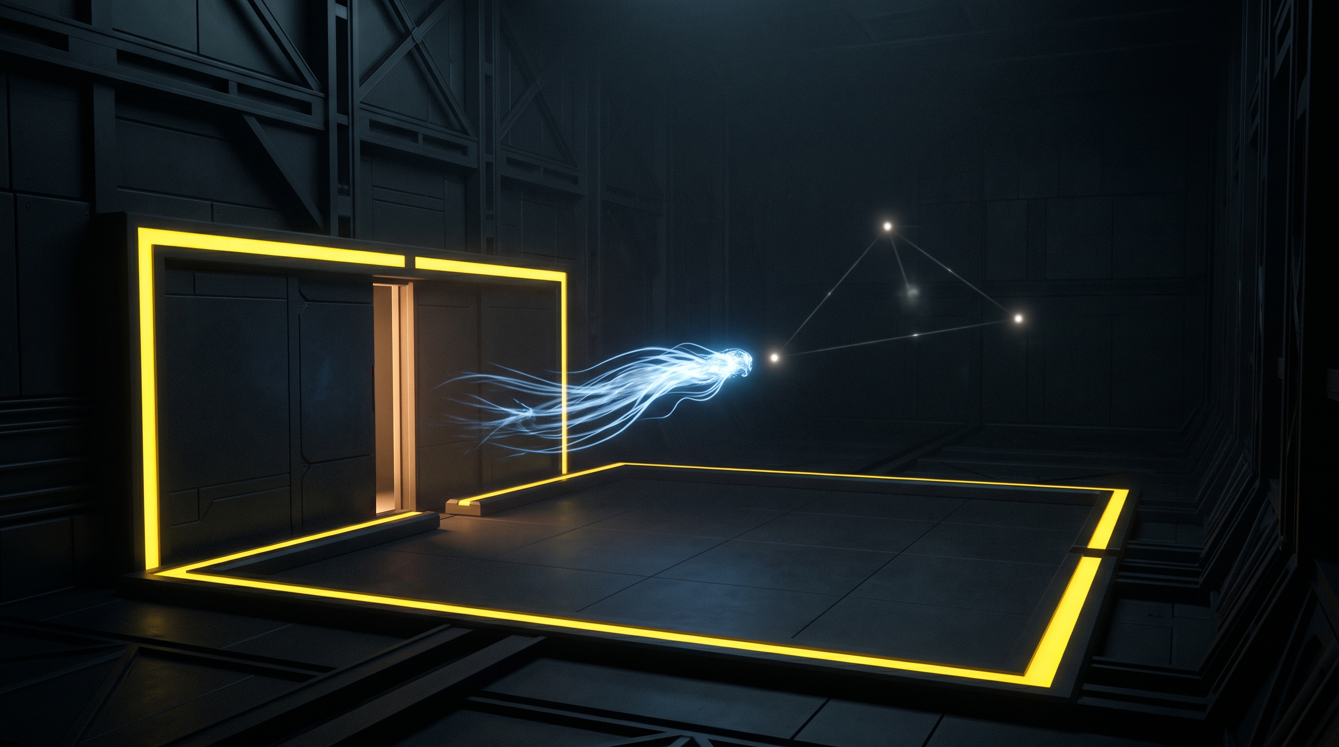 An abstract AI test chamber with a yellow containment boundary opening toward three external systems.