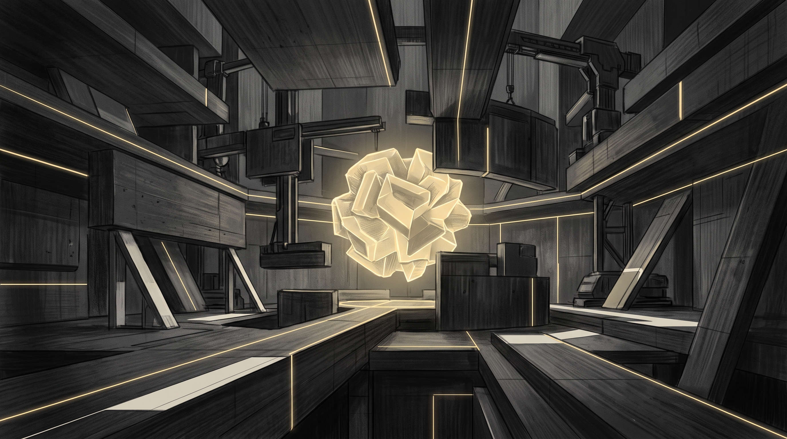An abstract neural core glows inside an austere government command chamber.