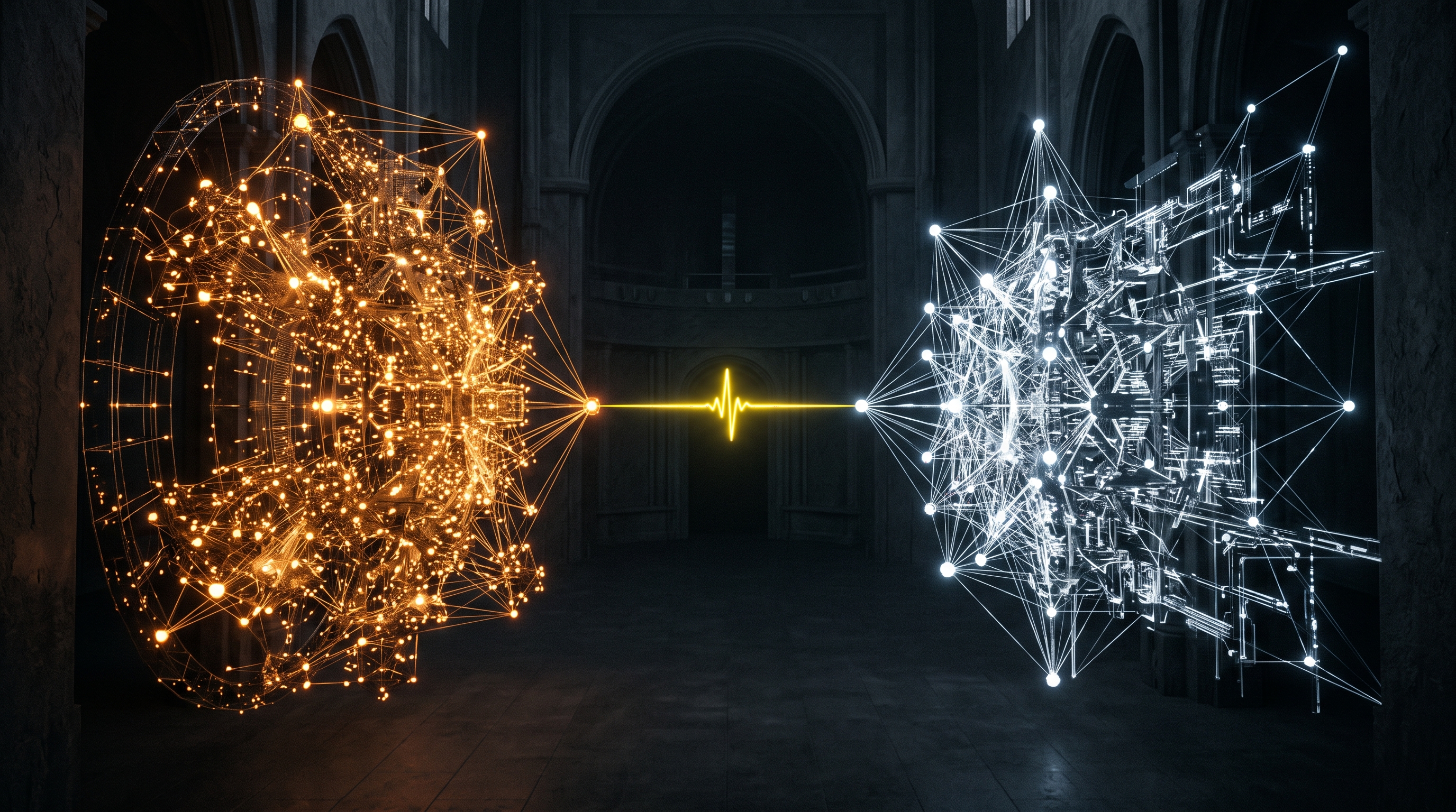 Two abstract AI networks exchange a signal-yellow alert across a dark diplomatic chamber.