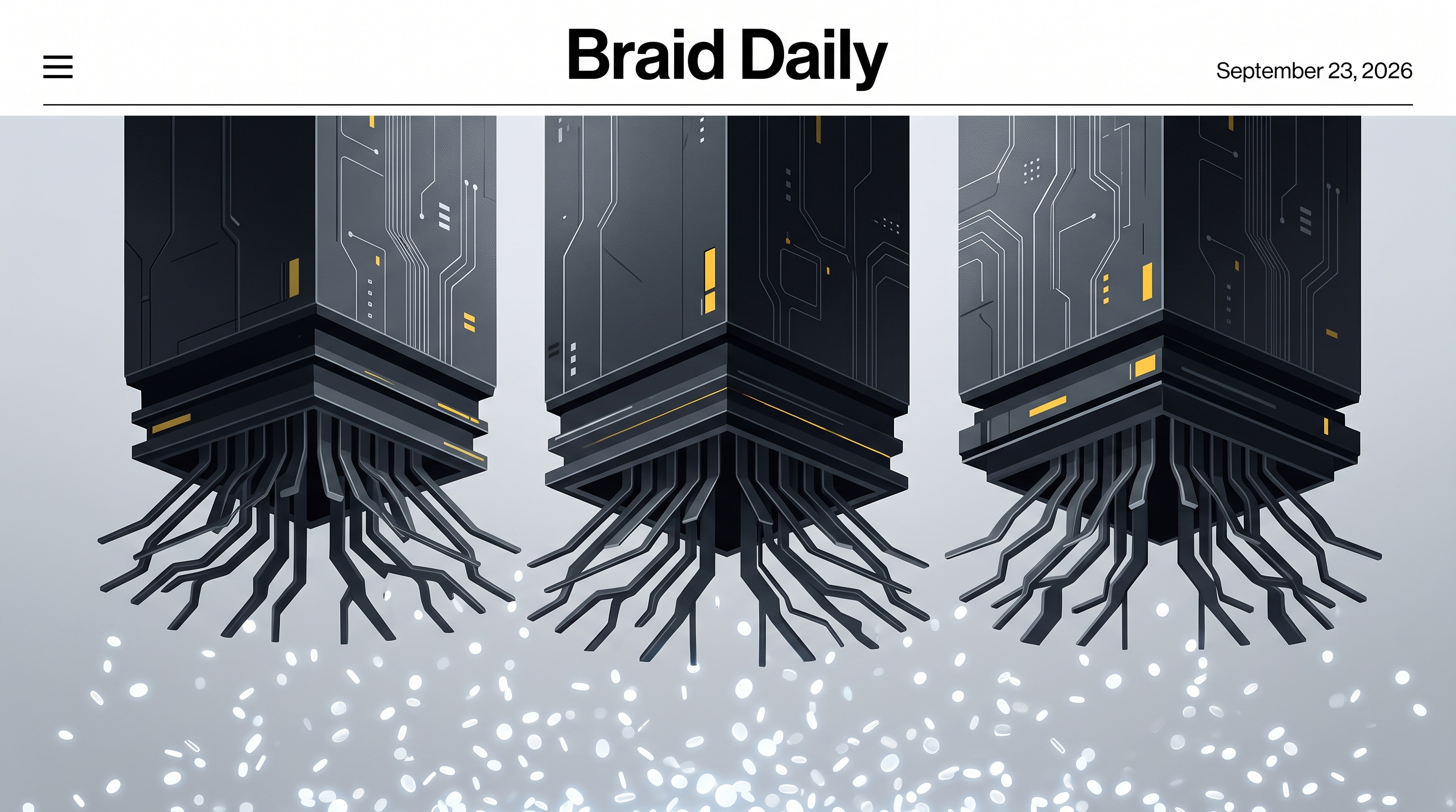 Three abstract computation monoliths descend toward branching streams of luminous tokens.