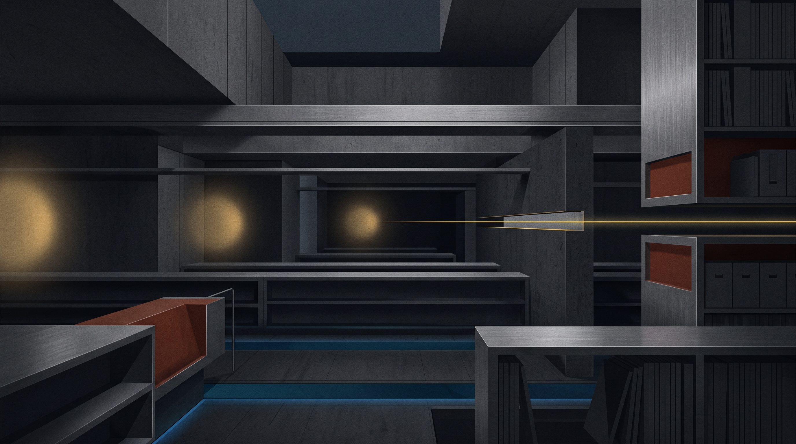 A signal-yellow path crosses a dark institutional archive, suggesting an autonomous agent breaching a protected boundary.